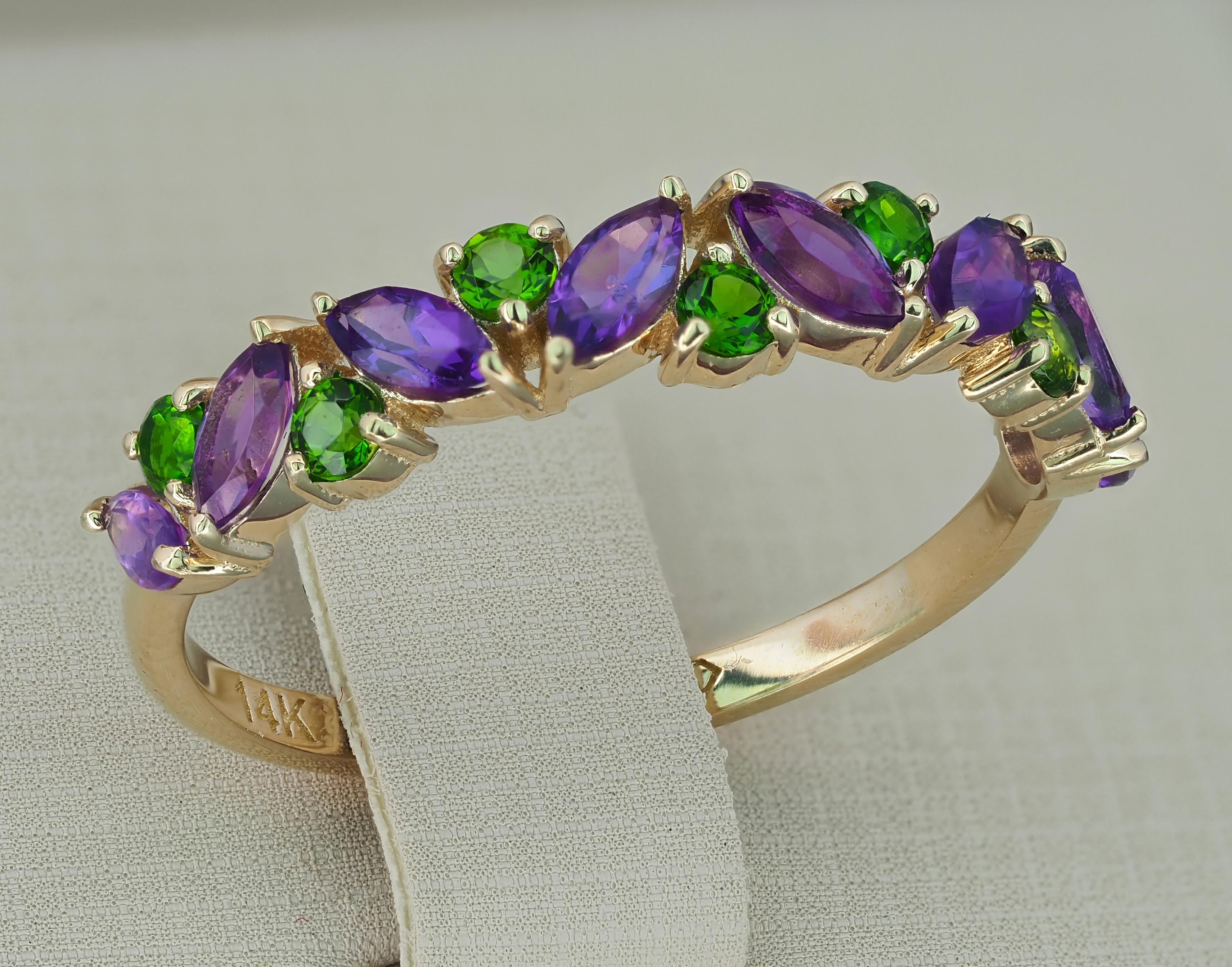 For Sale:  14k Gold Half Eternity Ring with Natural Amethyst and Chrome Diopside 6