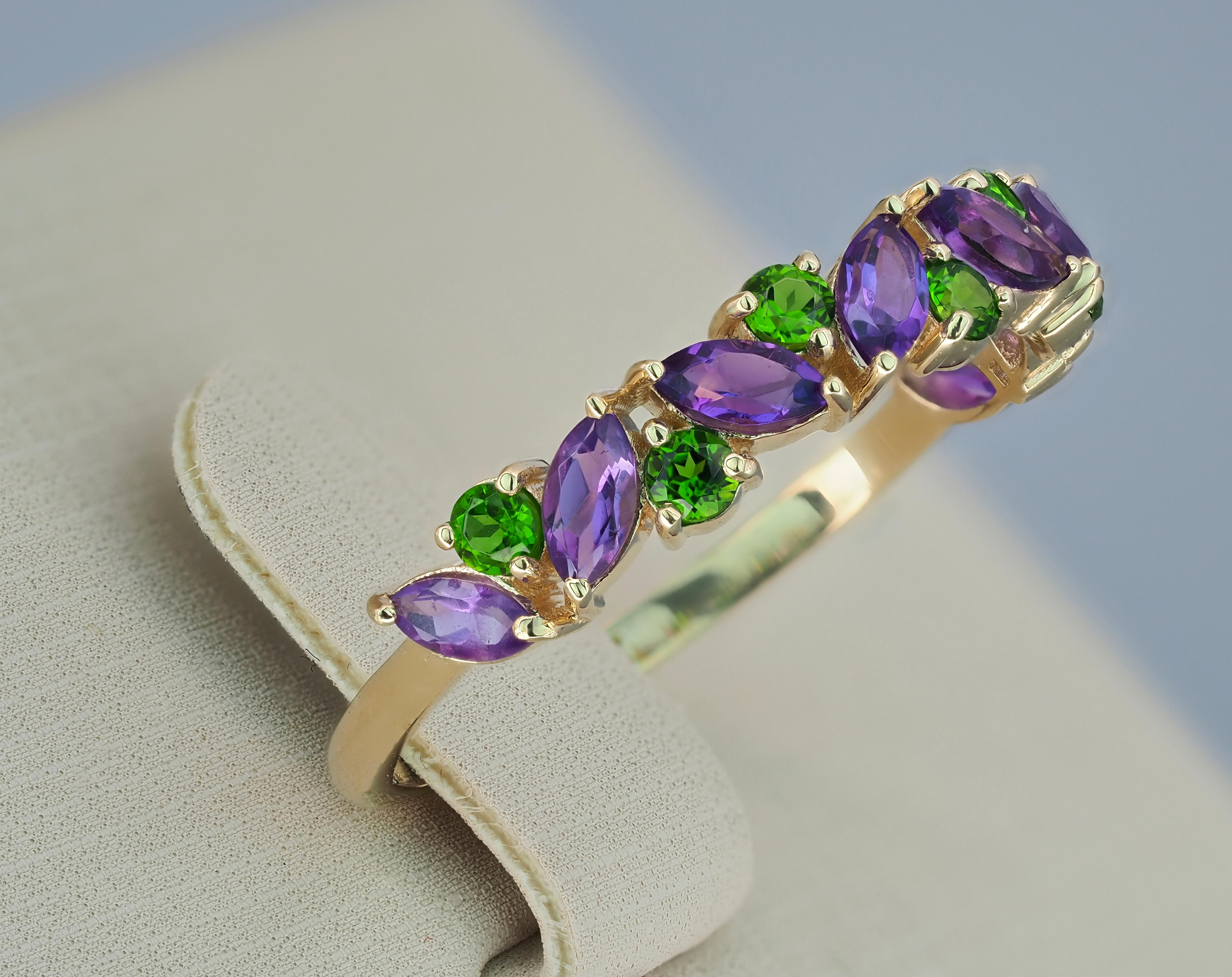 For Sale:  14k Gold Half Eternity Ring with Natural Amethyst and Chrome Diopside 7