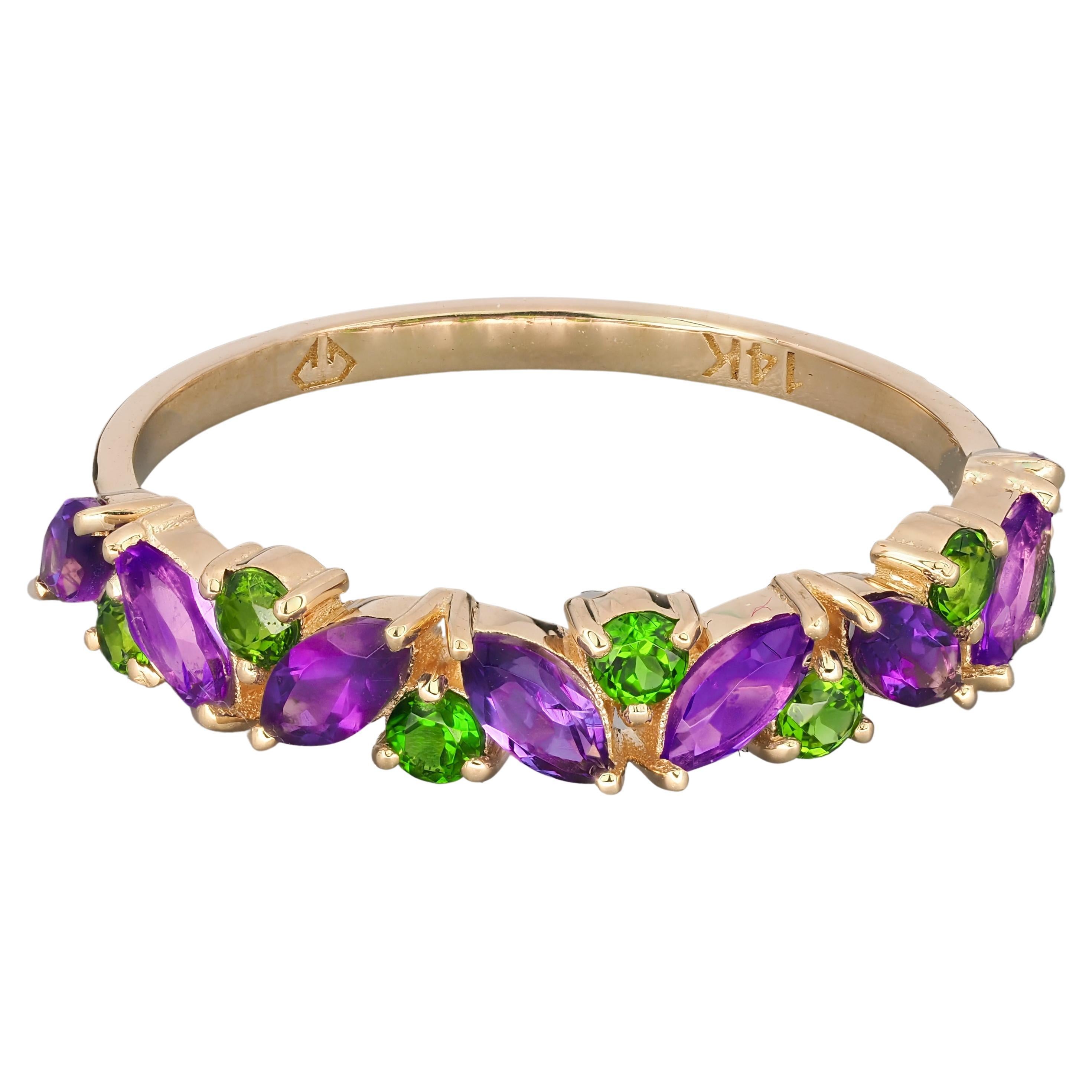 For Sale:  14k Gold Half Eternity Ring with Natural Amethyst and Chrome Diopside