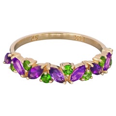 14k Gold Half Eternity Ring with Natural Amethyst and Chrome Diopside