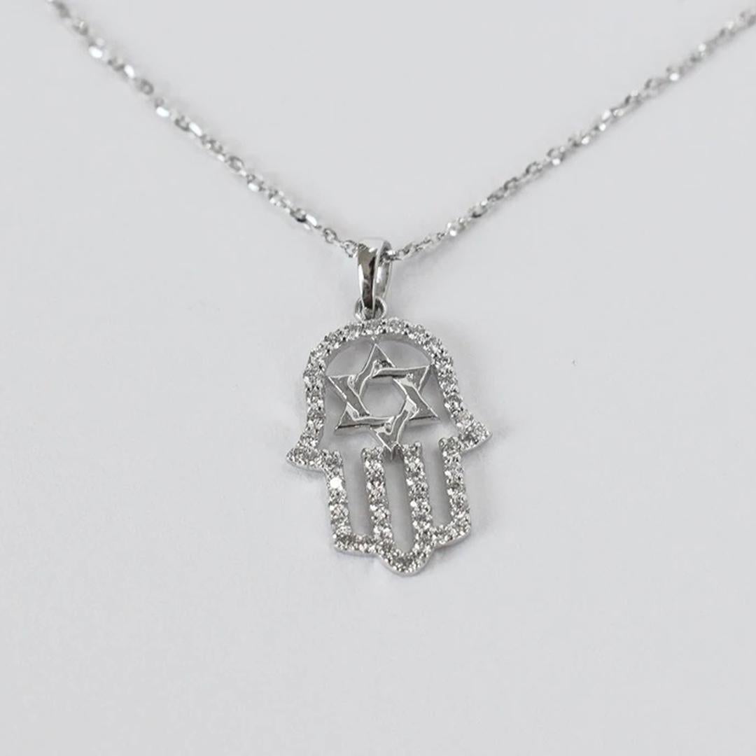 Modern 14k Gold Hamsa Hand Diamond Necklace Star of David Necklace For Sale