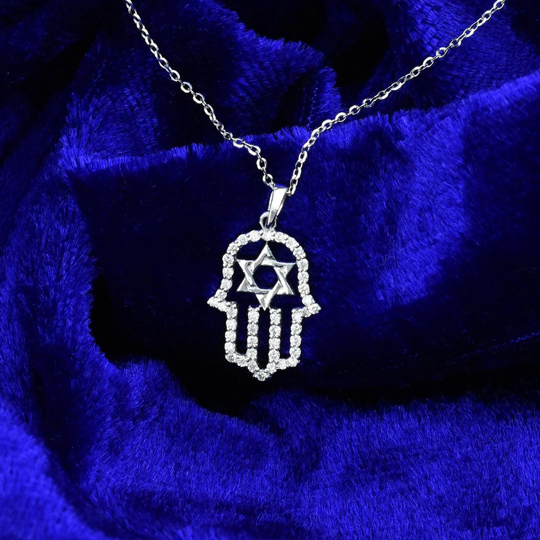 Round Cut 14k Gold Hamsa Hand Diamond Necklace Star of David Necklace For Sale