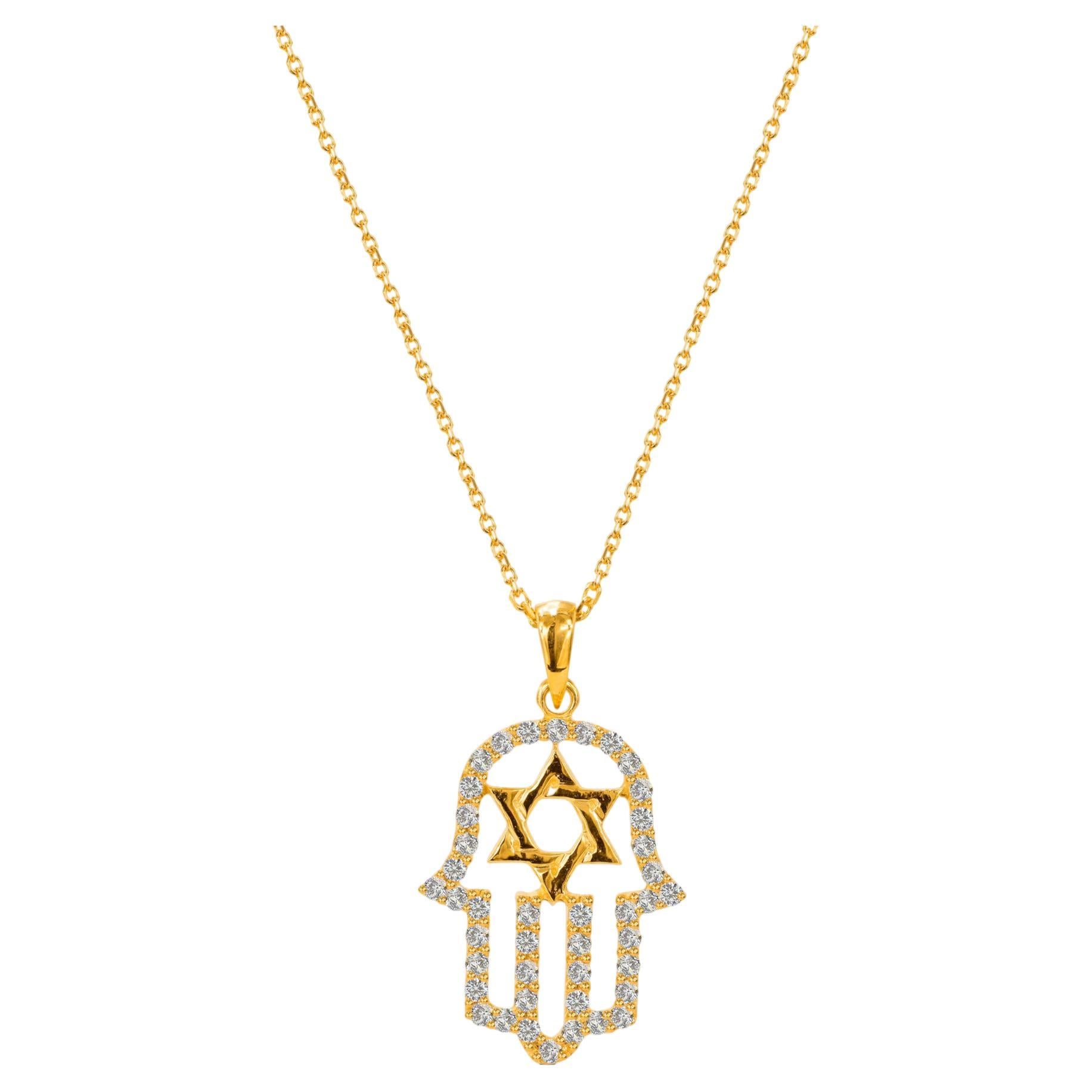 Hamsa Collier étoile de David en or 14 carats et diamants à la main en vente
