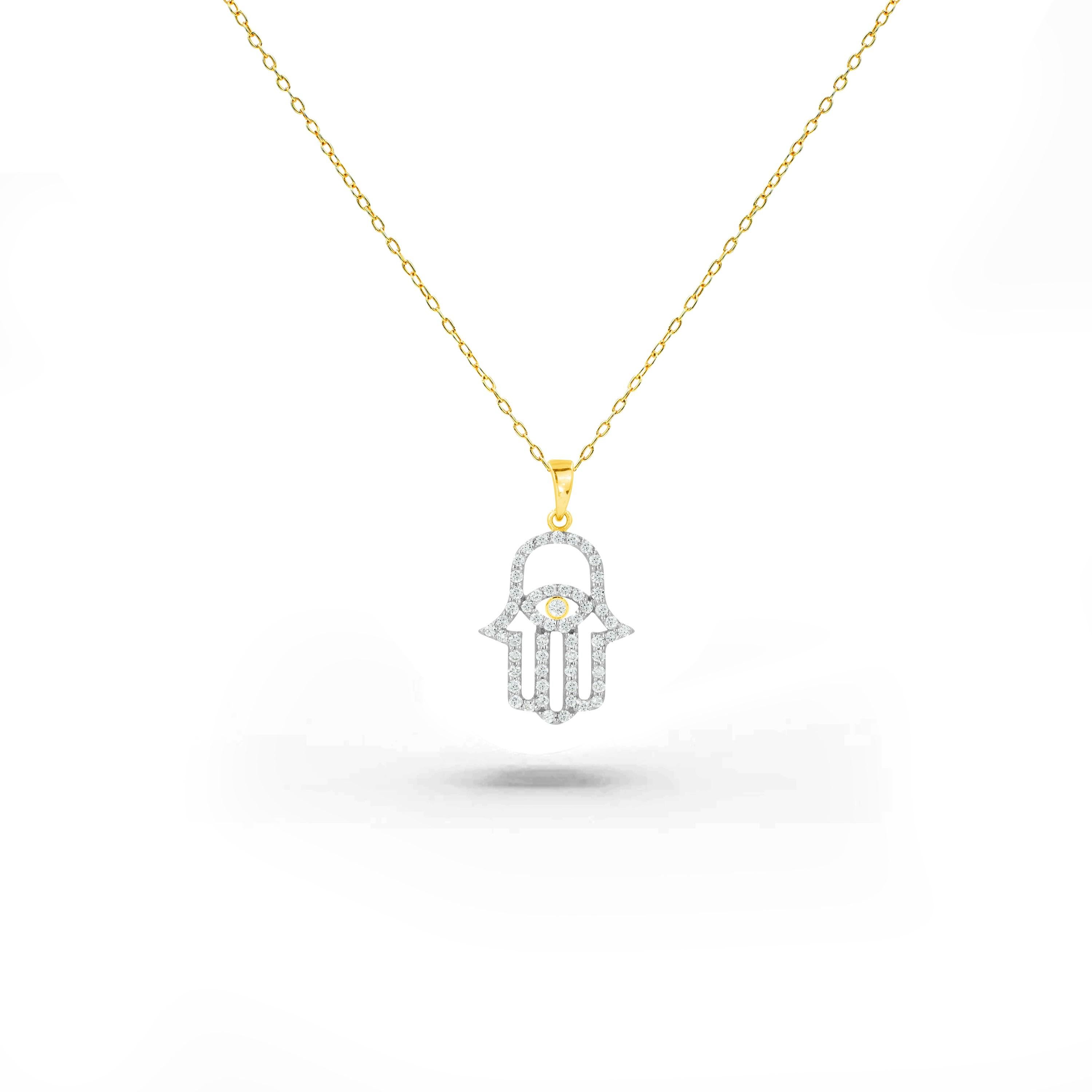 Moderne Hamsa Collier à main en or 14 carats avec collier œil maléfique et diamants en vente