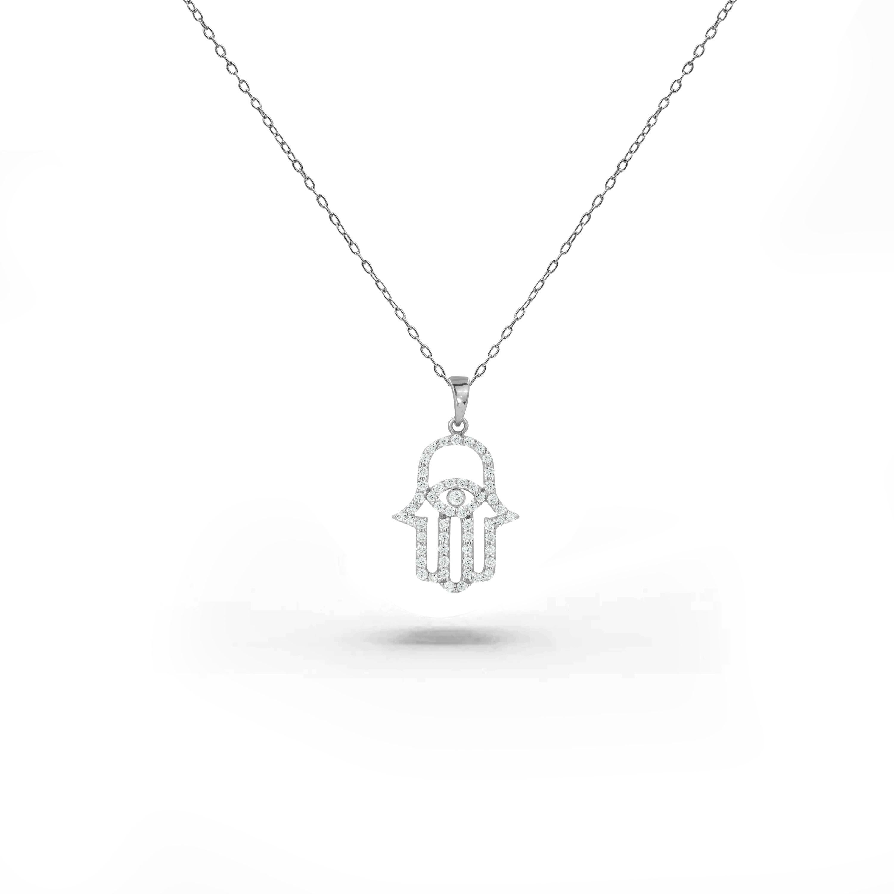 Taille ronde Hamsa Collier à main en or 14 carats avec collier œil maléfique et diamants en vente