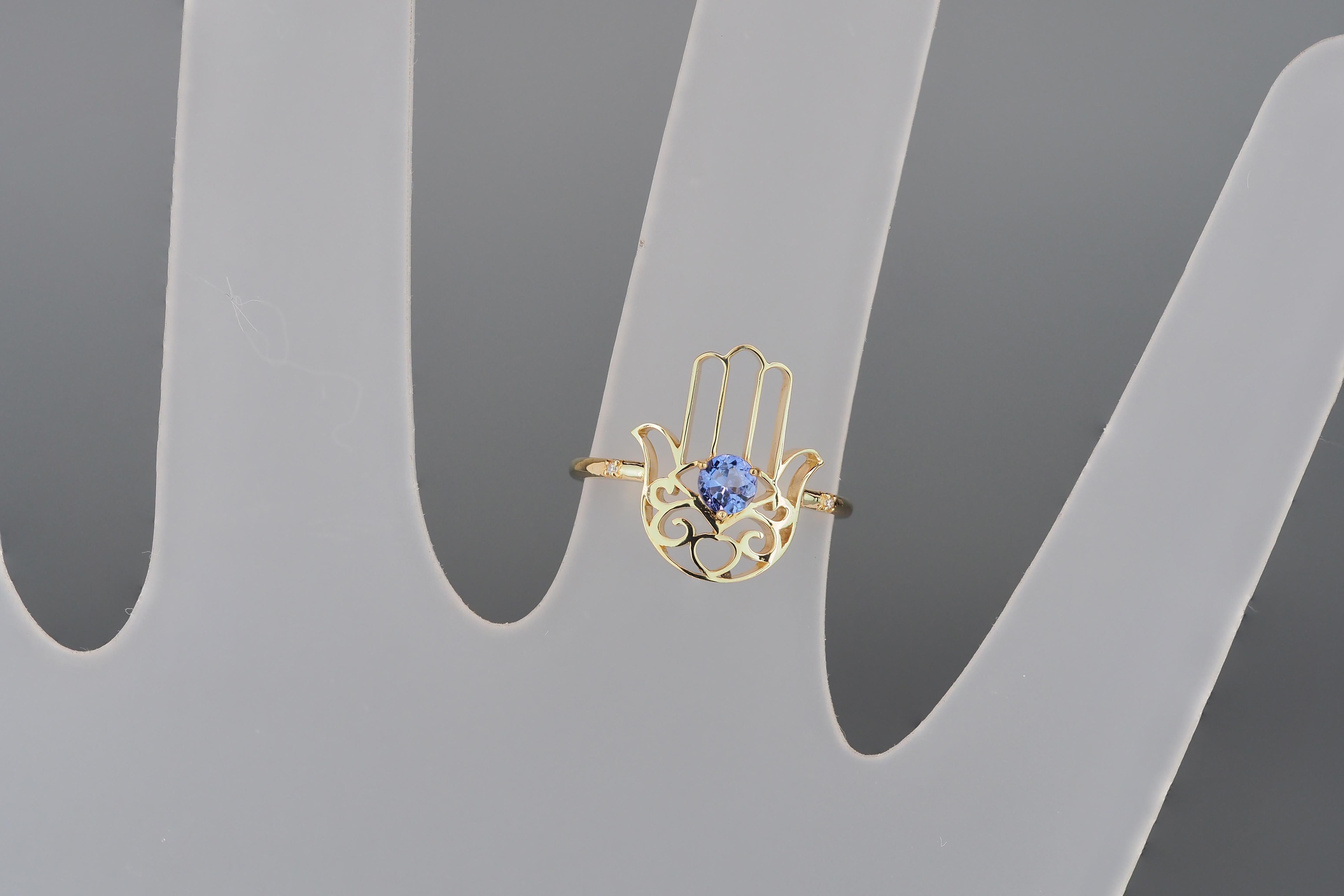 For Sale:  Fatima Hand, Hamsa 14k gold ring with tanzanite 7