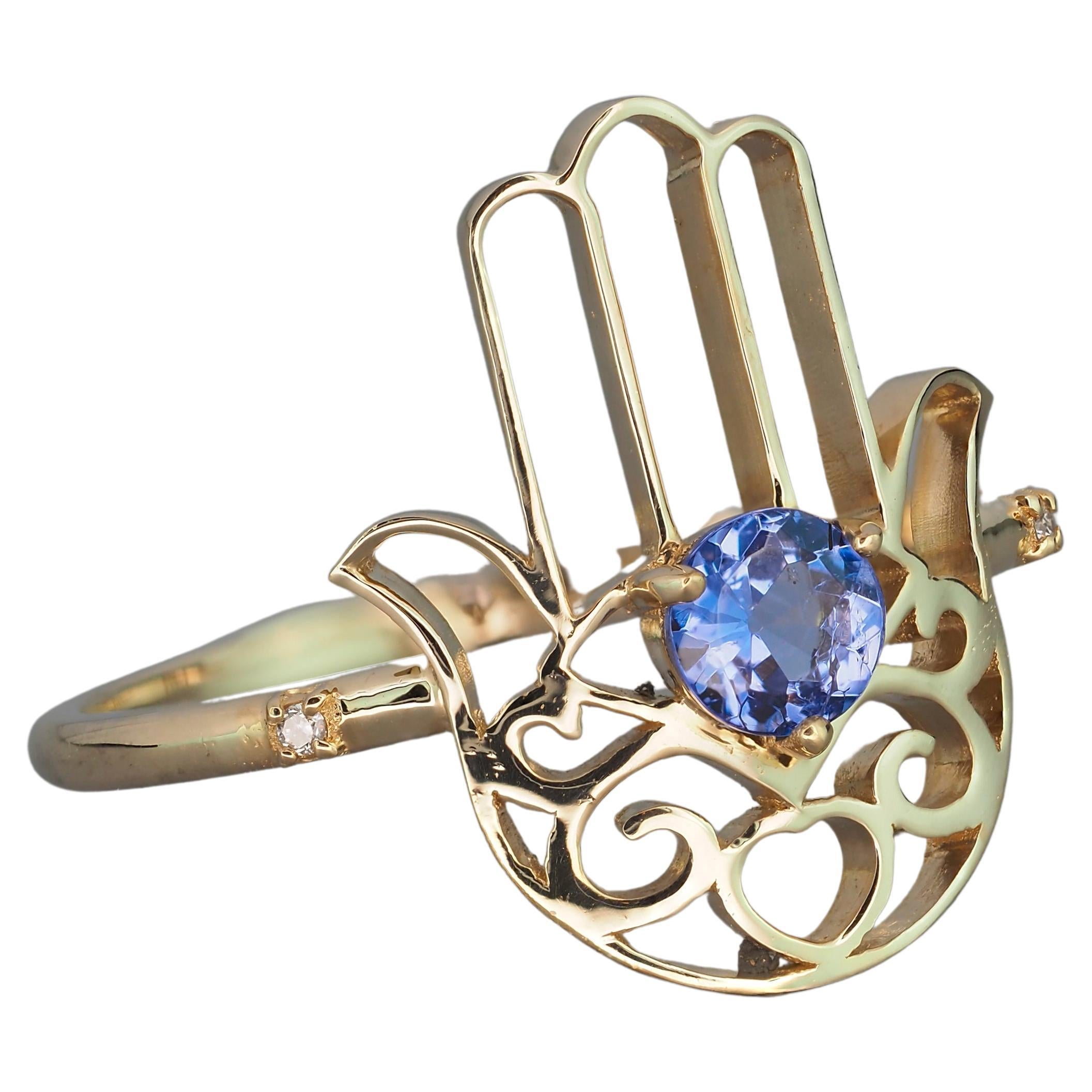 14k Gold "Hamsa Hand" Ring Hand with Tanzanite in the Center and Diamonds