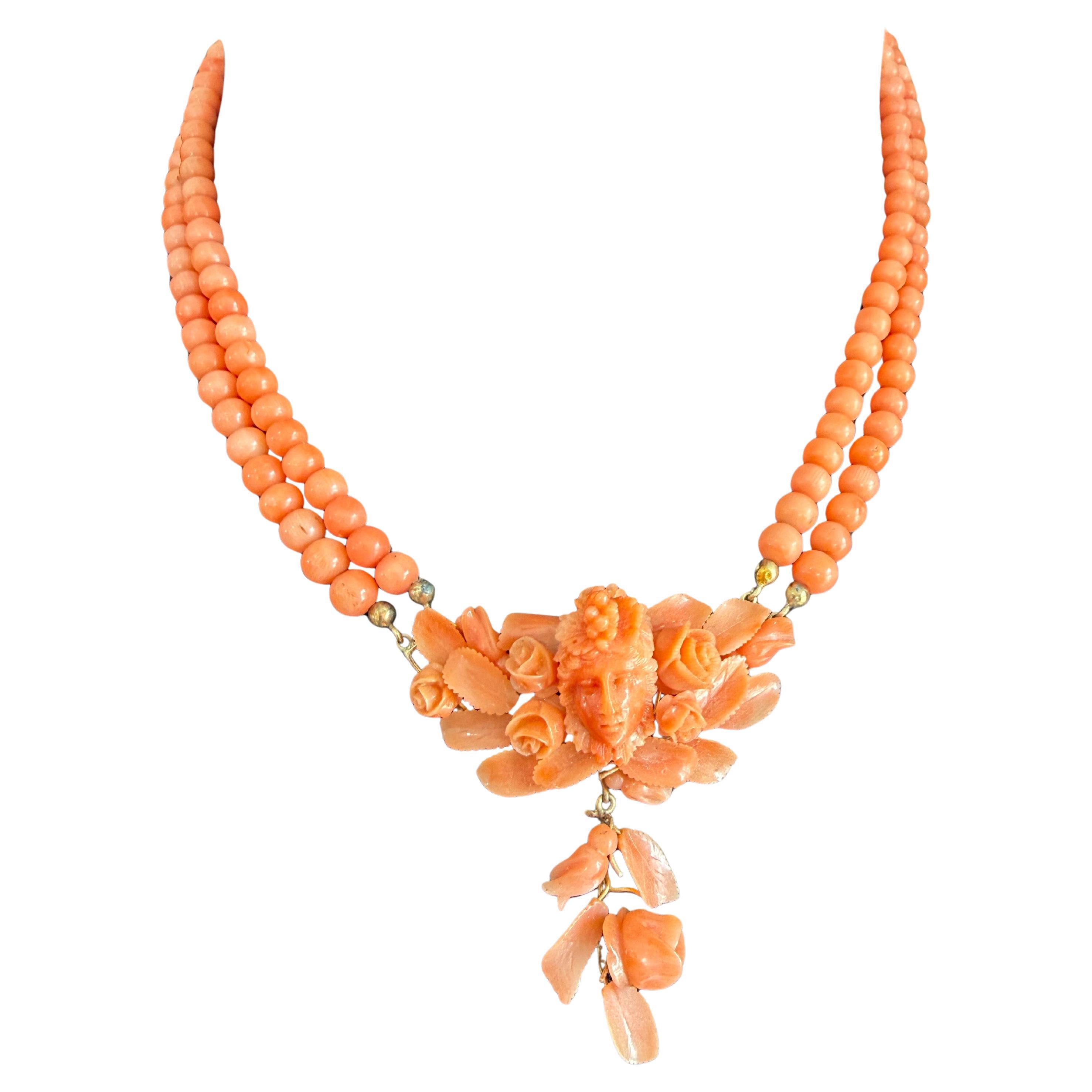 Pendentif floral en corail sculpté à la main en or 14K - collier victorien Provenance dans la boîte