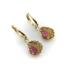 14K Gold Hand-Carved Signature Watermelon Tourmaline Leaf Huggie Earrings