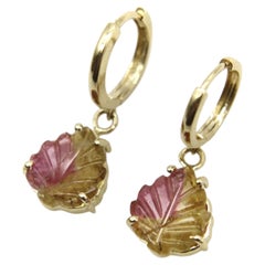 14K Gold Hand-Carved Signature Watermelon Tourmaline Leaf Huggie Earrings