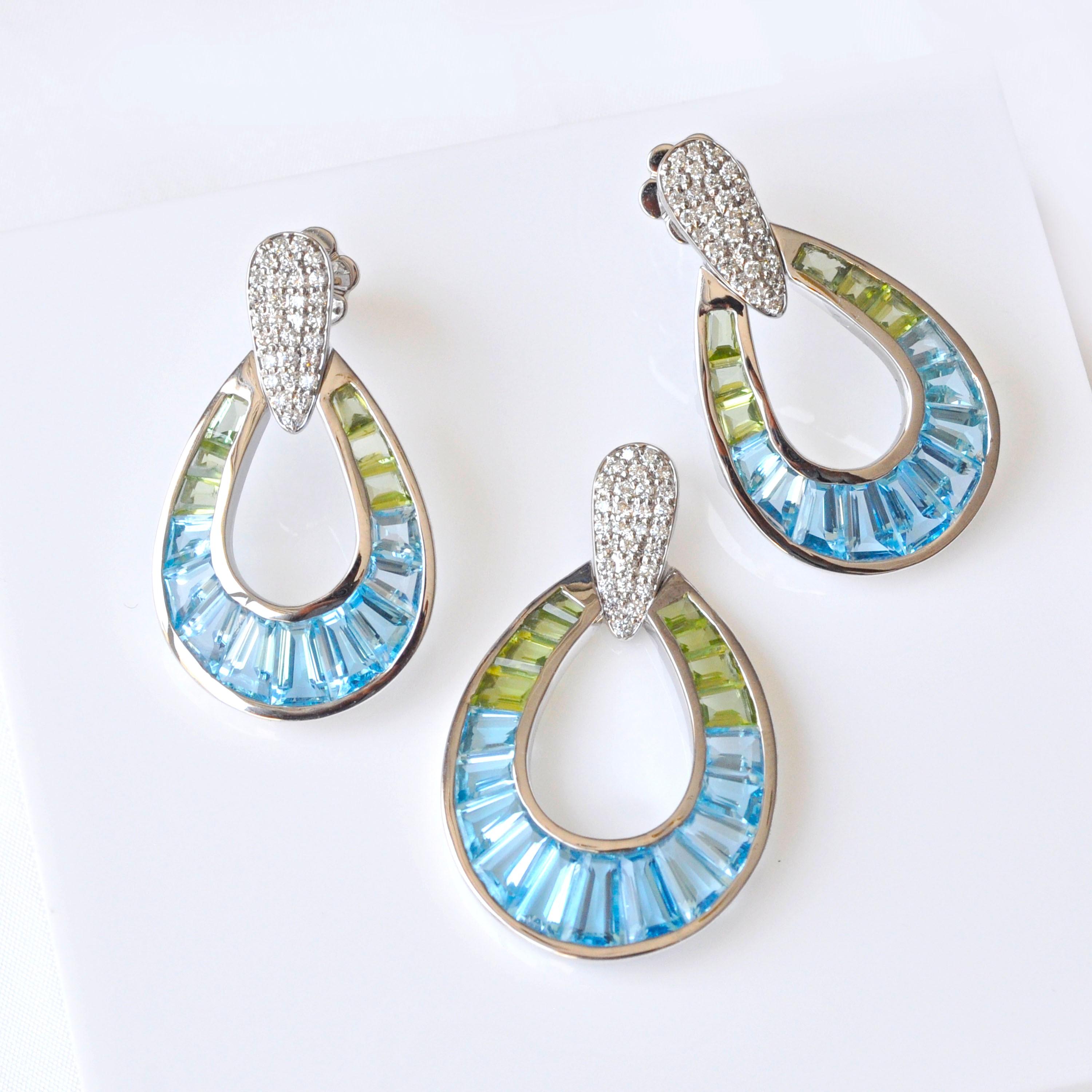 14K Gold  Hand-Crafted Blue Topaz Peridot Diamond Taper Cut Earring Pendant Set im Zustand „Neu“ im Angebot in Jaipur, Rajasthan