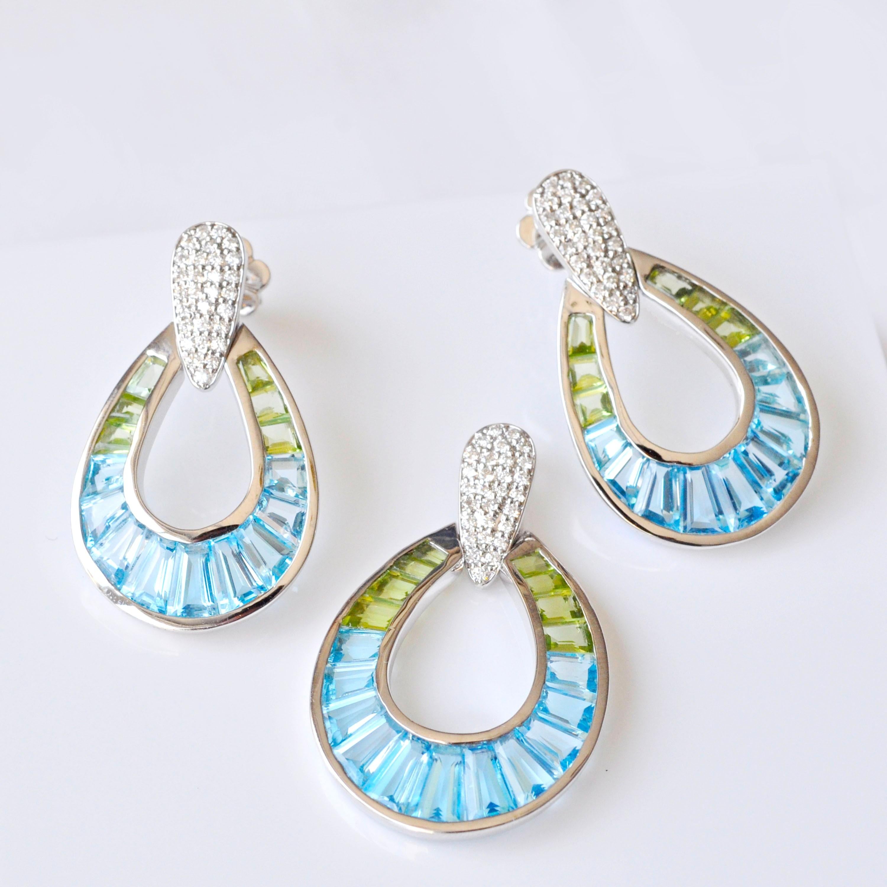14K Gold  Hand-Crafted Blue Topaz Peridot Diamond Taper Cut Earring Pendant Set Damen im Angebot