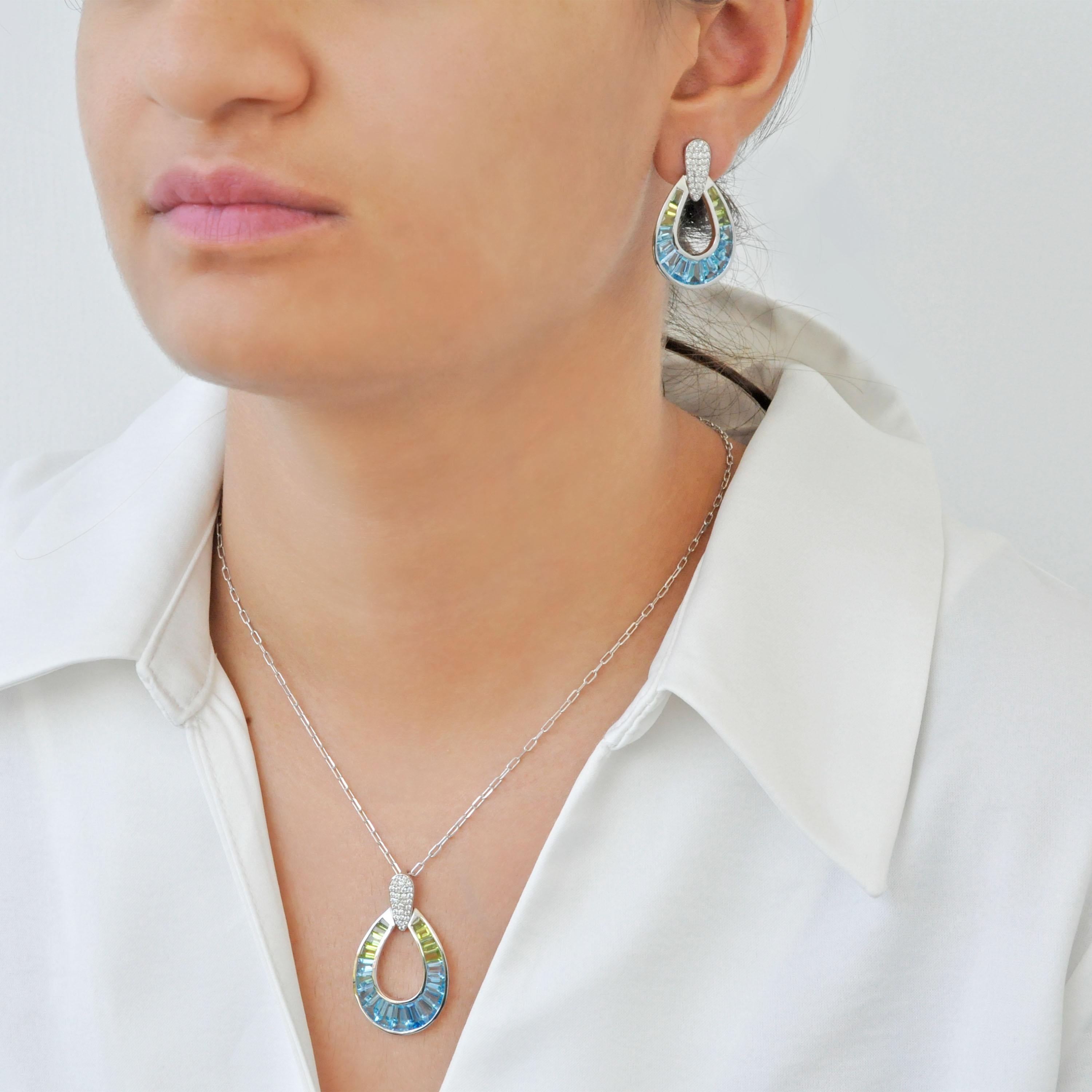 14K Gold  Hand-Crafted Blue Topaz Peridot Diamond Taper Cut Earring Pendant Set im Angebot 1