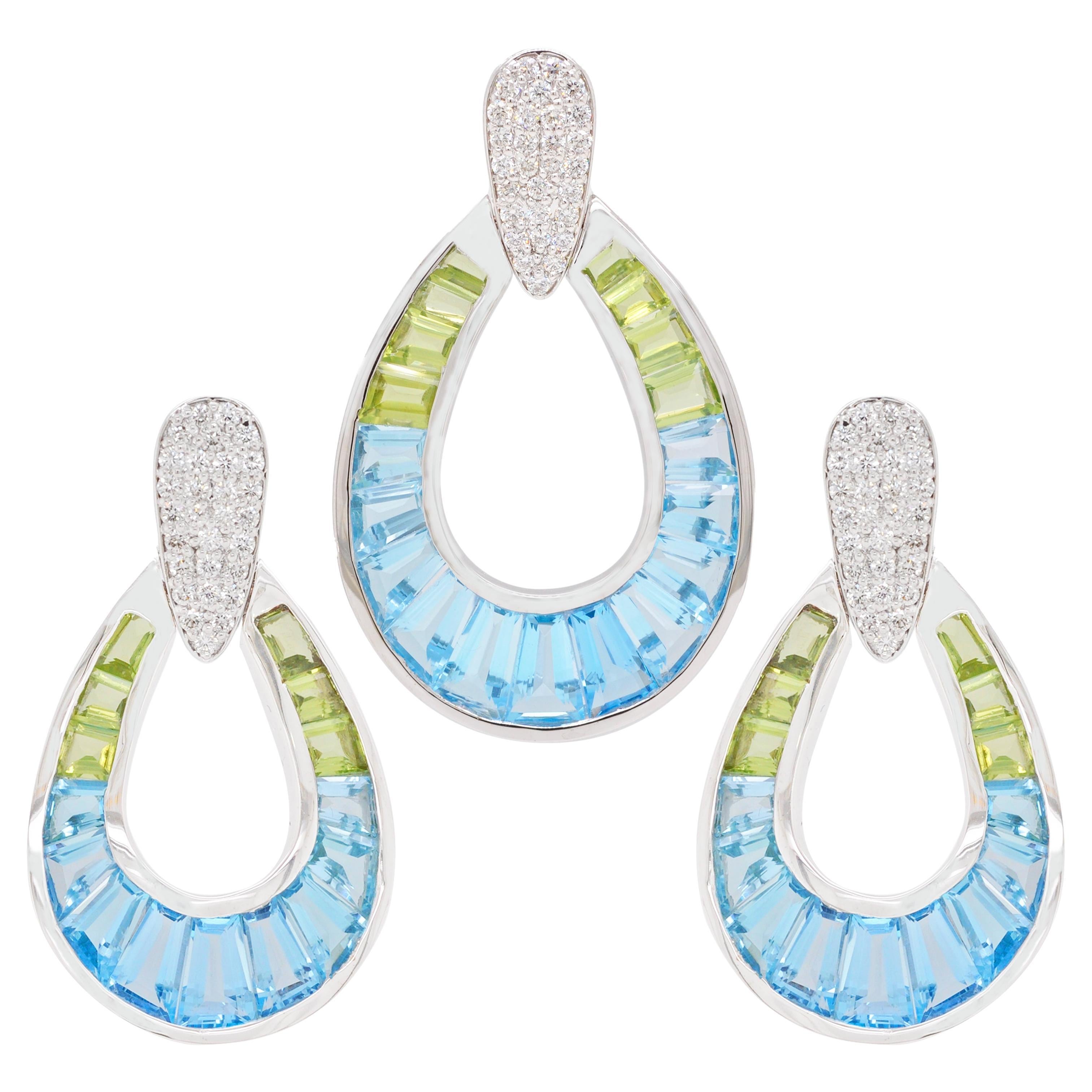 14K Gold  Hand-Crafted Blue Topaz Peridot Diamond Taper Cut Earring Pendant Set im Angebot