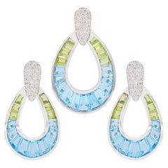 14K Gold  Hand-Crafted Blue Topaz Peridot Diamond Taper Cut Earring Pendant Set