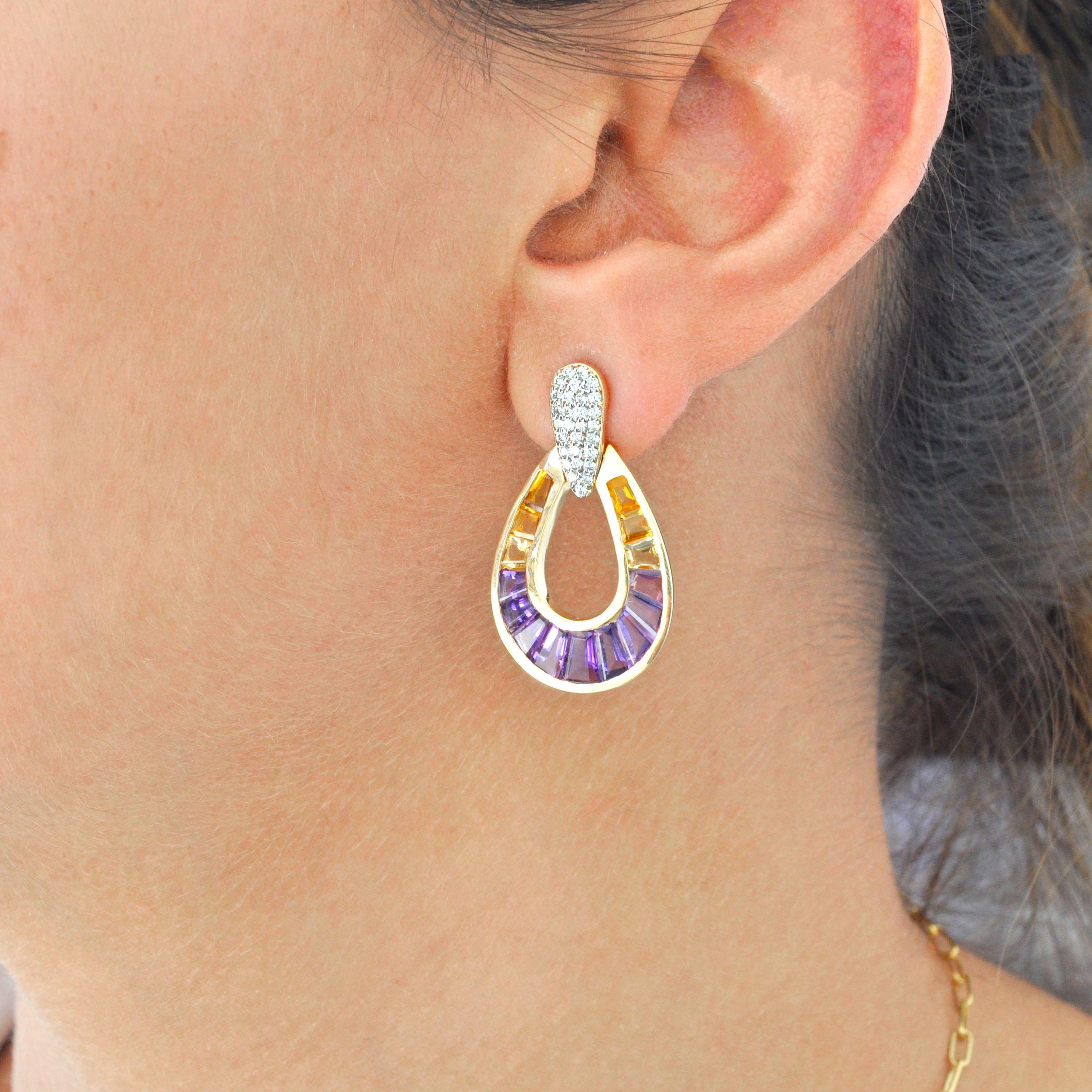 Orecchini a goccia in oro 14K con canali e diamanti conici baguette e ametrine in vendita 4