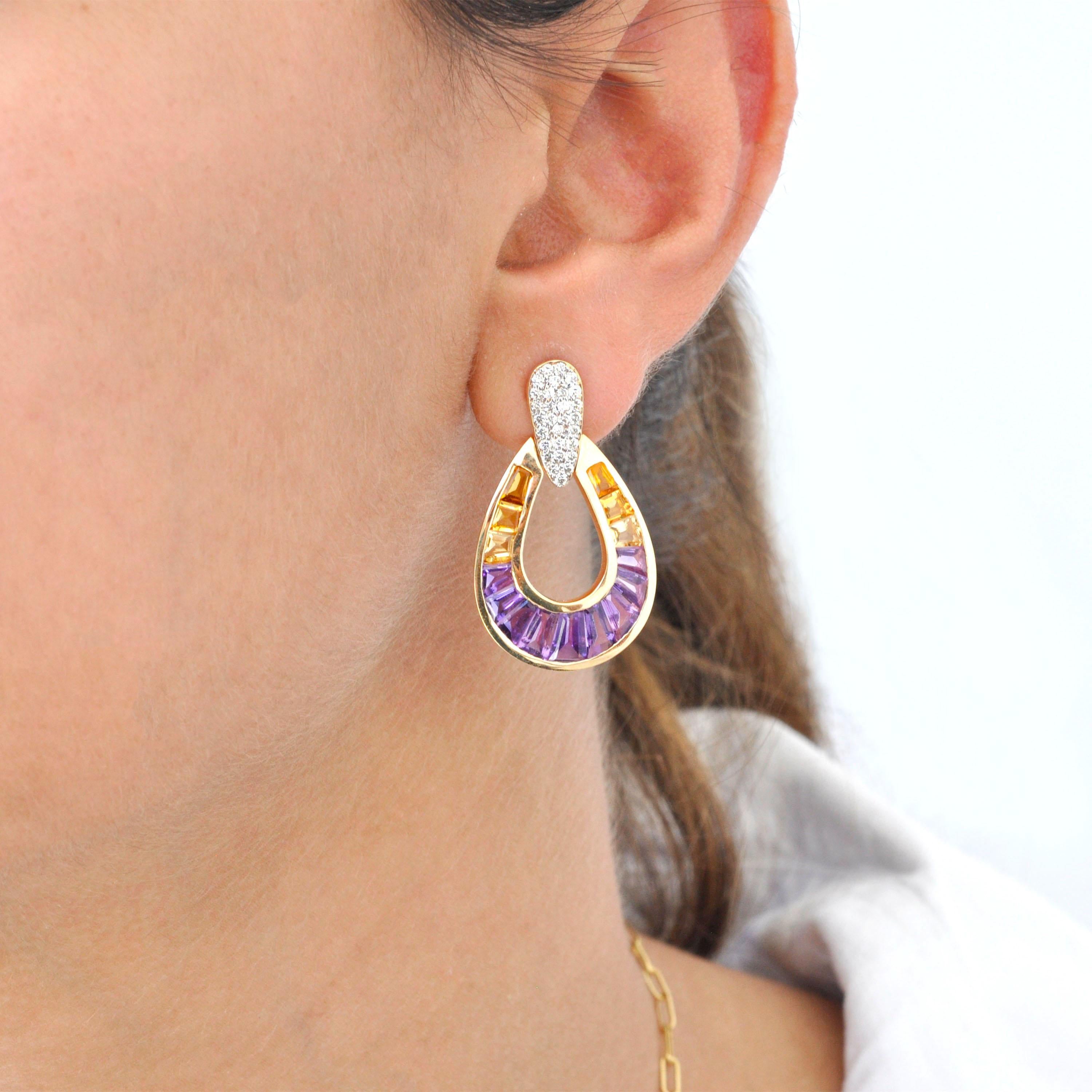 Orecchini a goccia in oro 14K con canali e diamanti conici baguette e ametrine in vendita 5