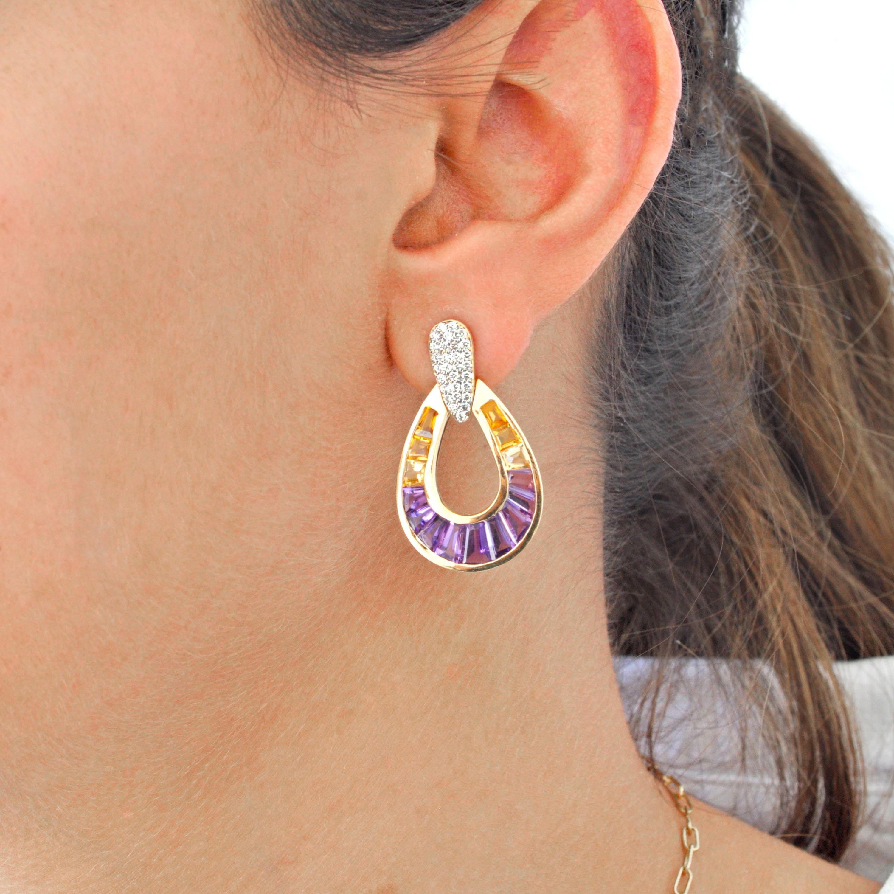 Orecchini a goccia in oro 14K con canali e diamanti conici baguette e ametrine in vendita 6