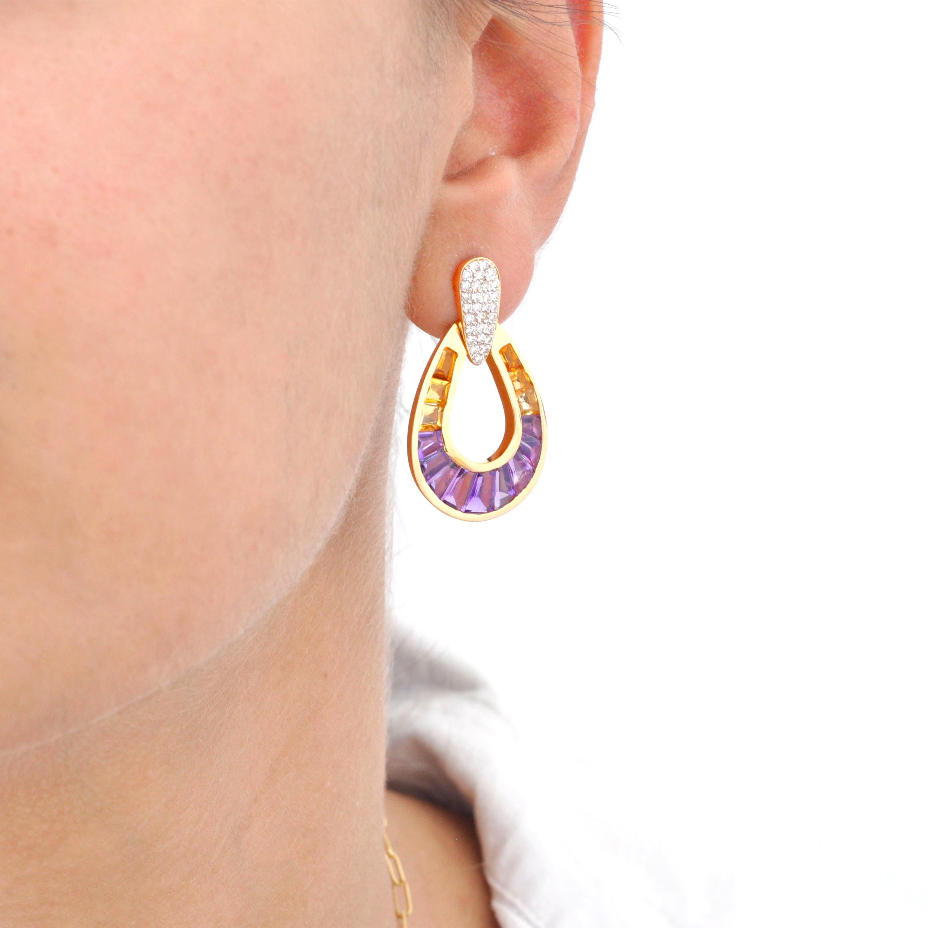 Orecchini a goccia in oro 14K con canali e diamanti conici baguette e ametrine in vendita 7