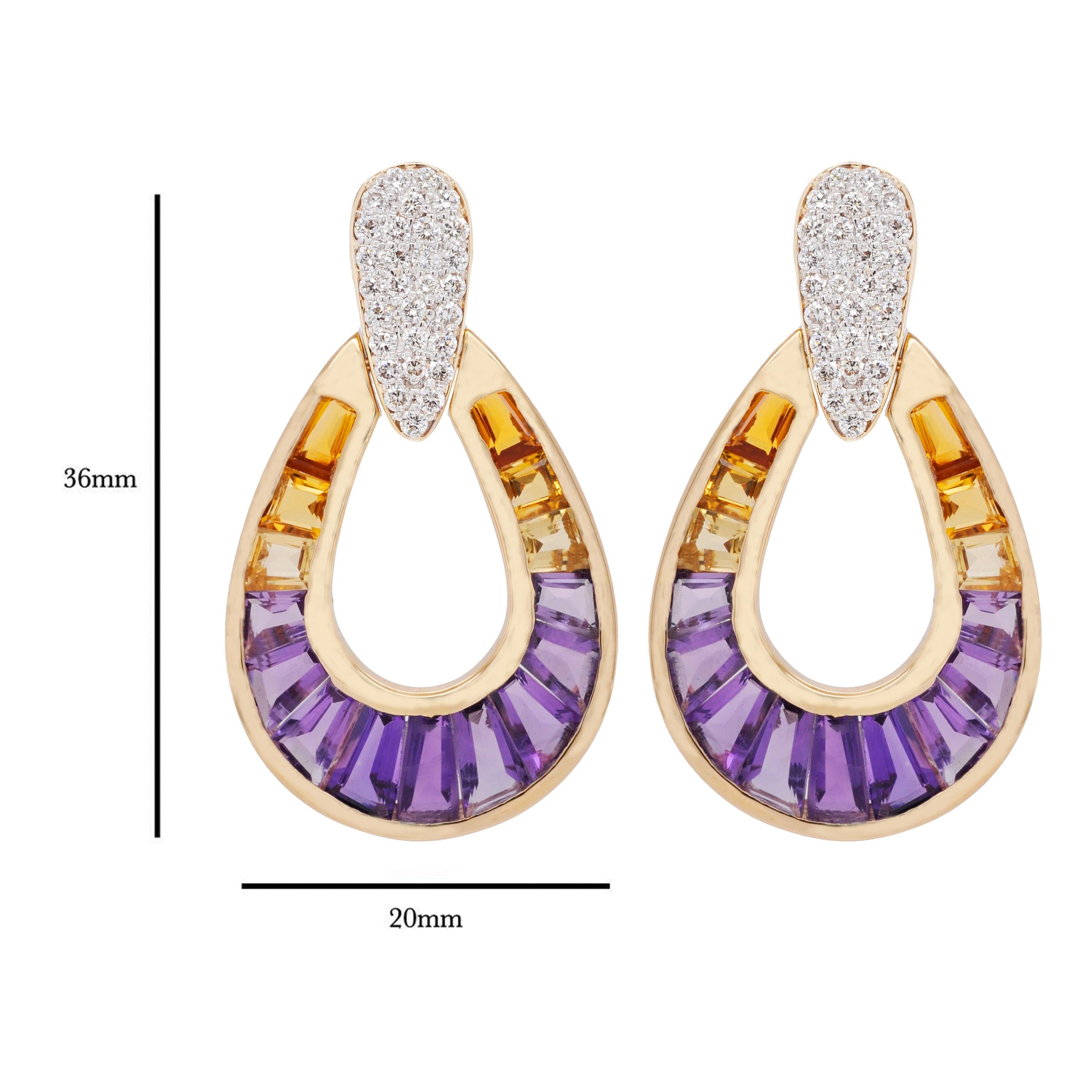 Contemporaneo Orecchini a goccia in oro 14K con canali e diamanti conici baguette e ametrine in vendita
