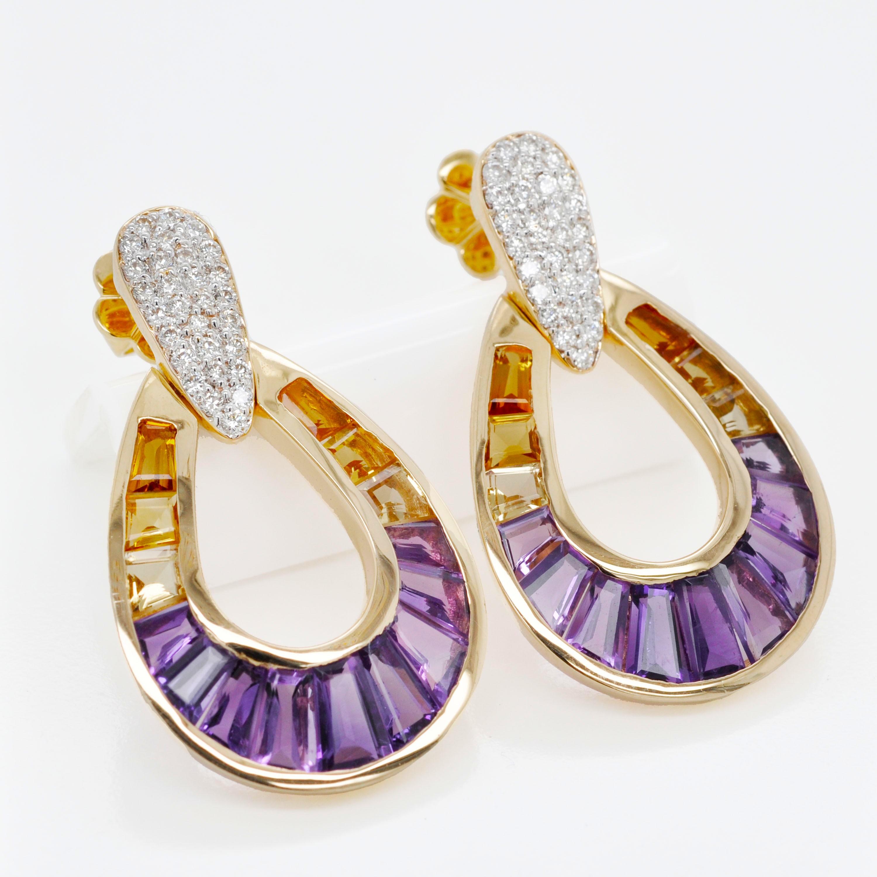 Baguette rastremato Orecchini a goccia in oro 14K con canali e diamanti conici baguette e ametrine in vendita