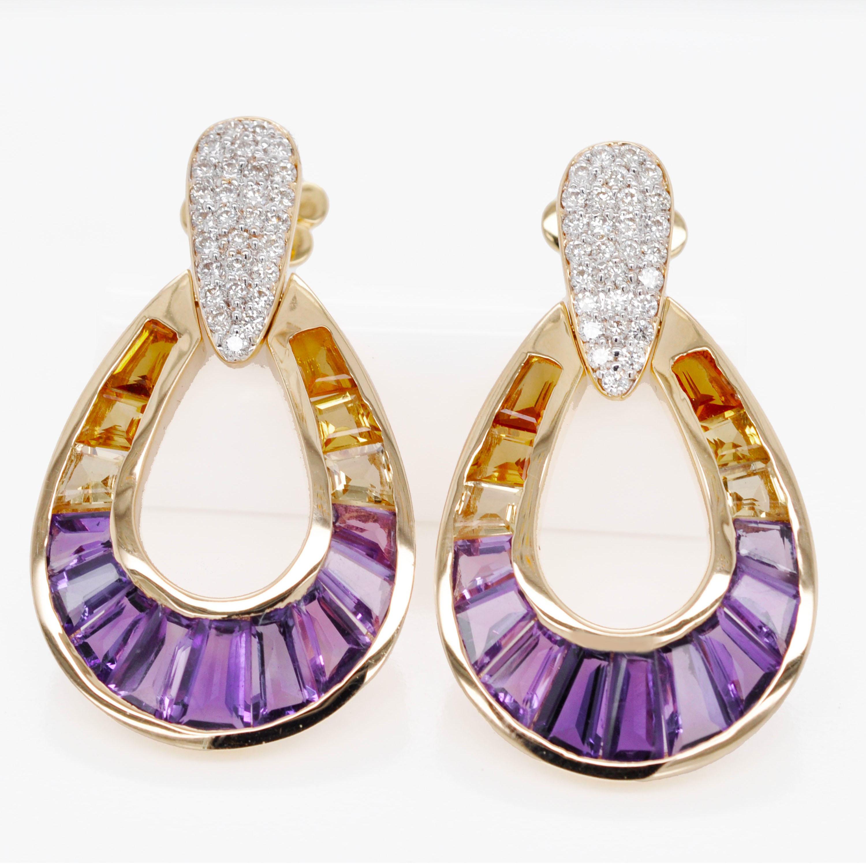 Orecchini a goccia in oro 14K con canali e diamanti conici baguette e ametrine In condizioni Nuovo in vendita a Jaipur, Rajasthan