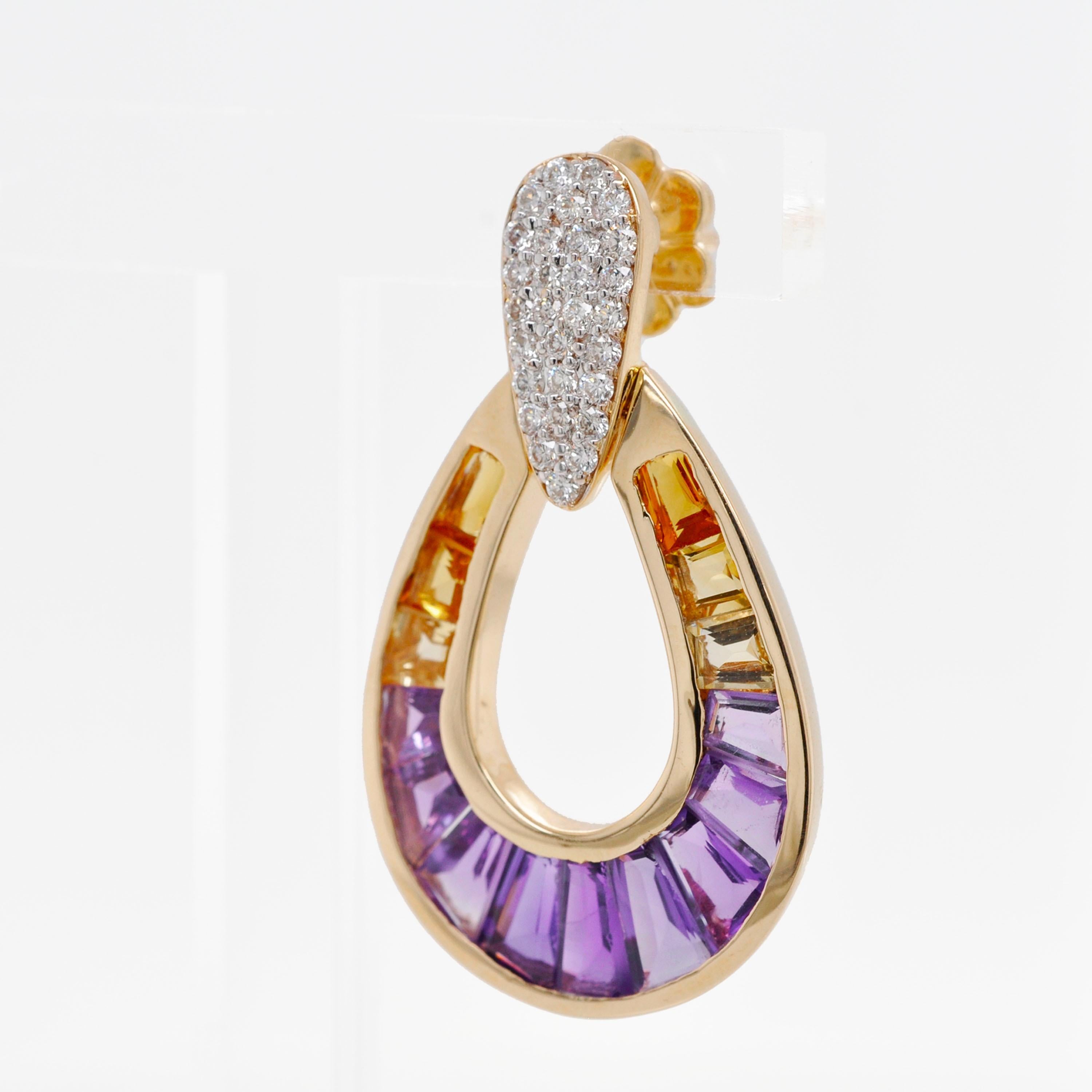 Donna Orecchini a goccia in oro 14K con canali e diamanti conici baguette e ametrine in vendita