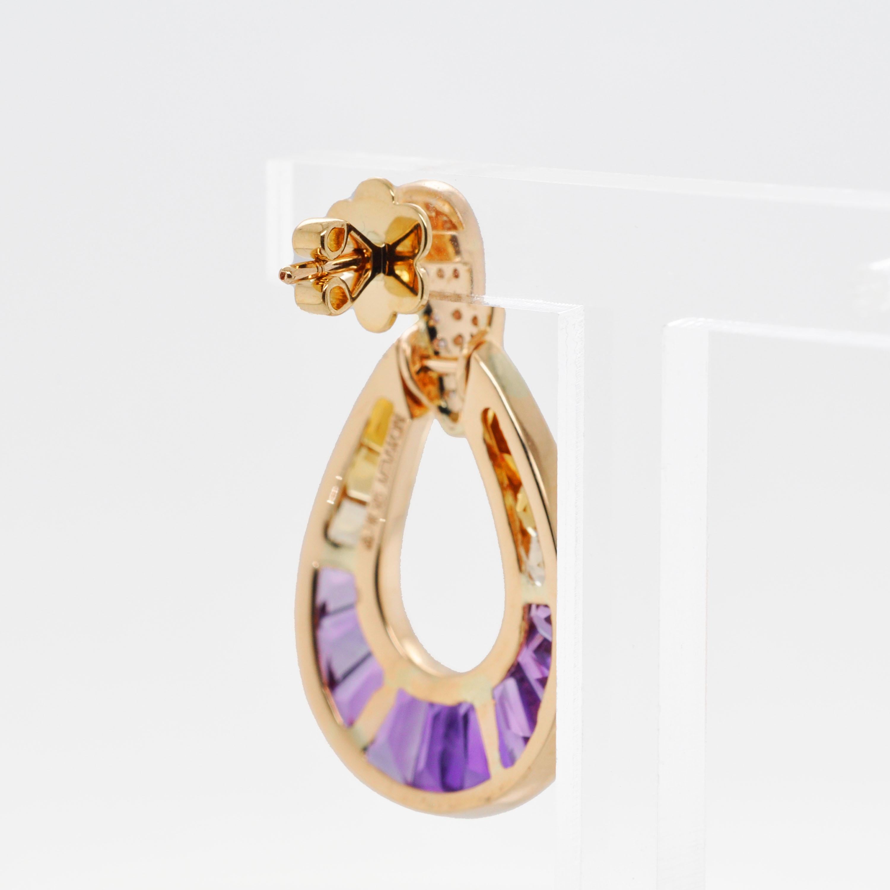 Orecchini a goccia in oro 14K con canali e diamanti conici baguette e ametrine in vendita 1