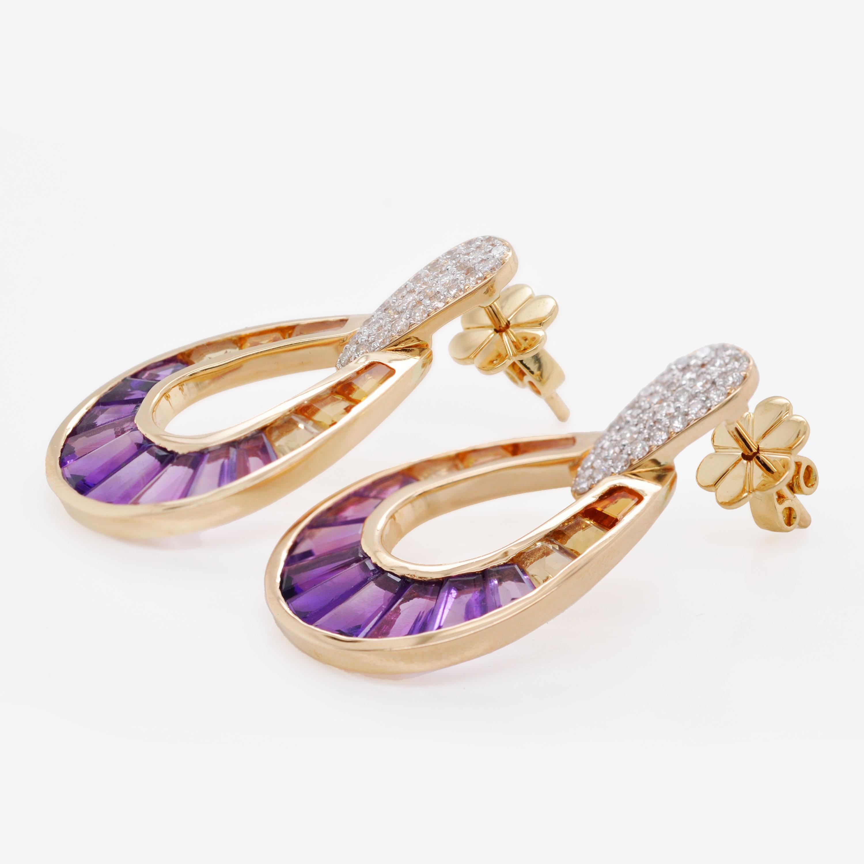 Orecchini a goccia in oro 14K con canali e diamanti conici baguette e ametrine in vendita 2