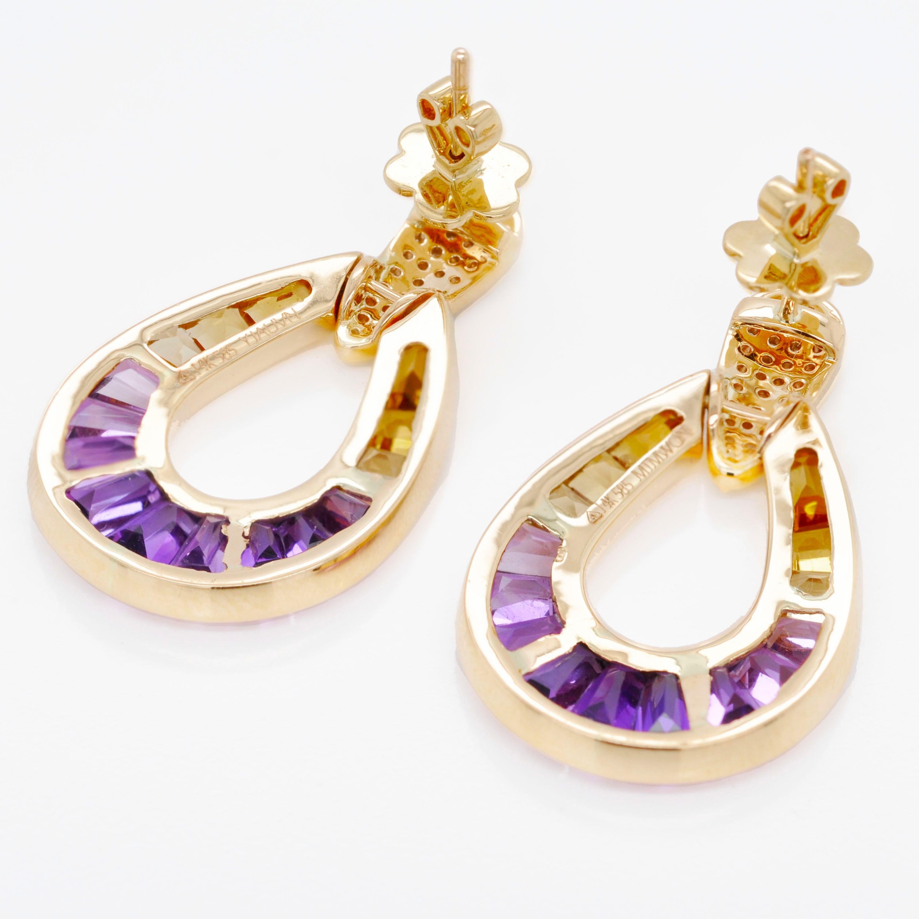 Orecchini a goccia in oro 14K con canali e diamanti conici baguette e ametrine in vendita 3
