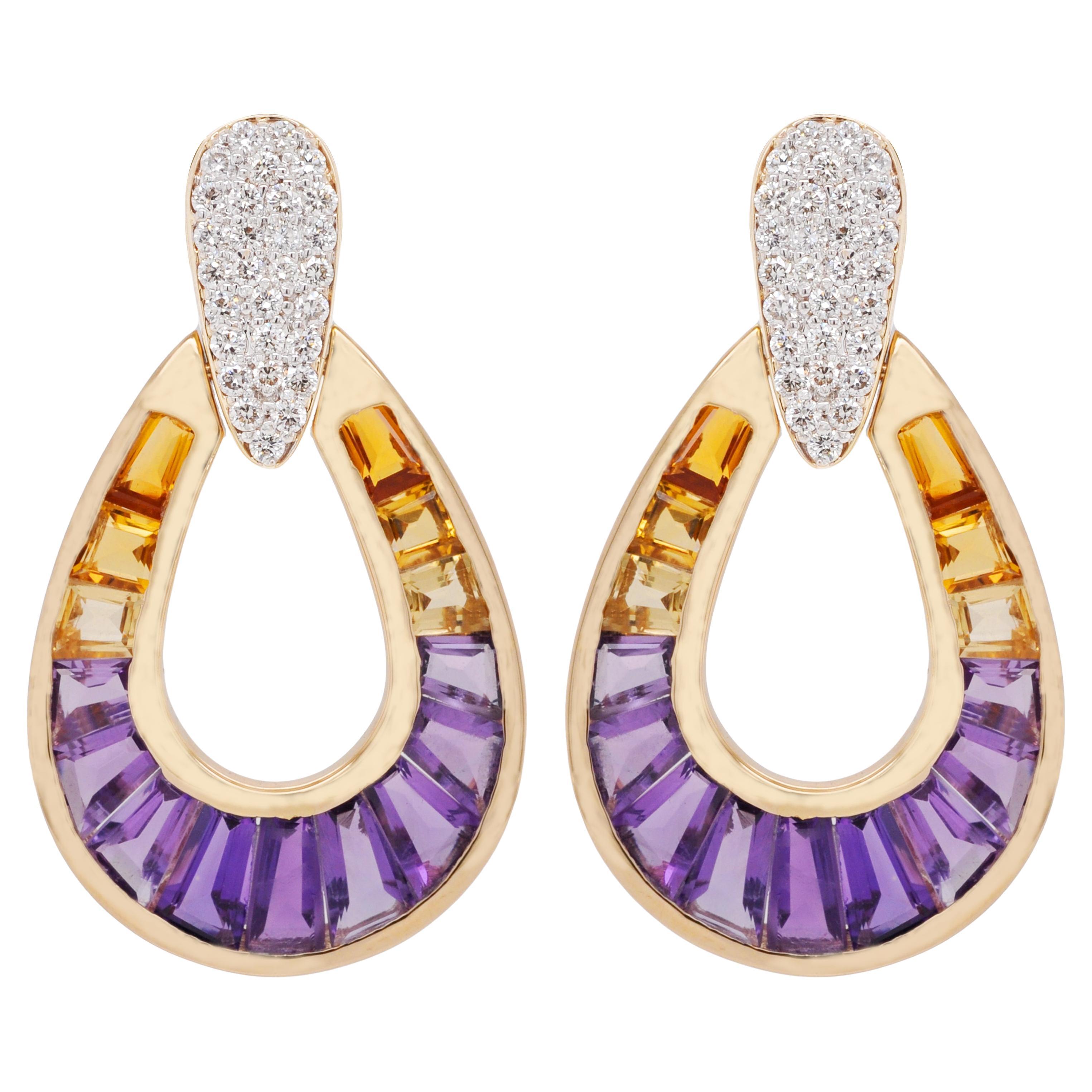 14K Gold Hand-Crafted Channel Set Taper Baguette Ametrine Diamond Drop Earrings