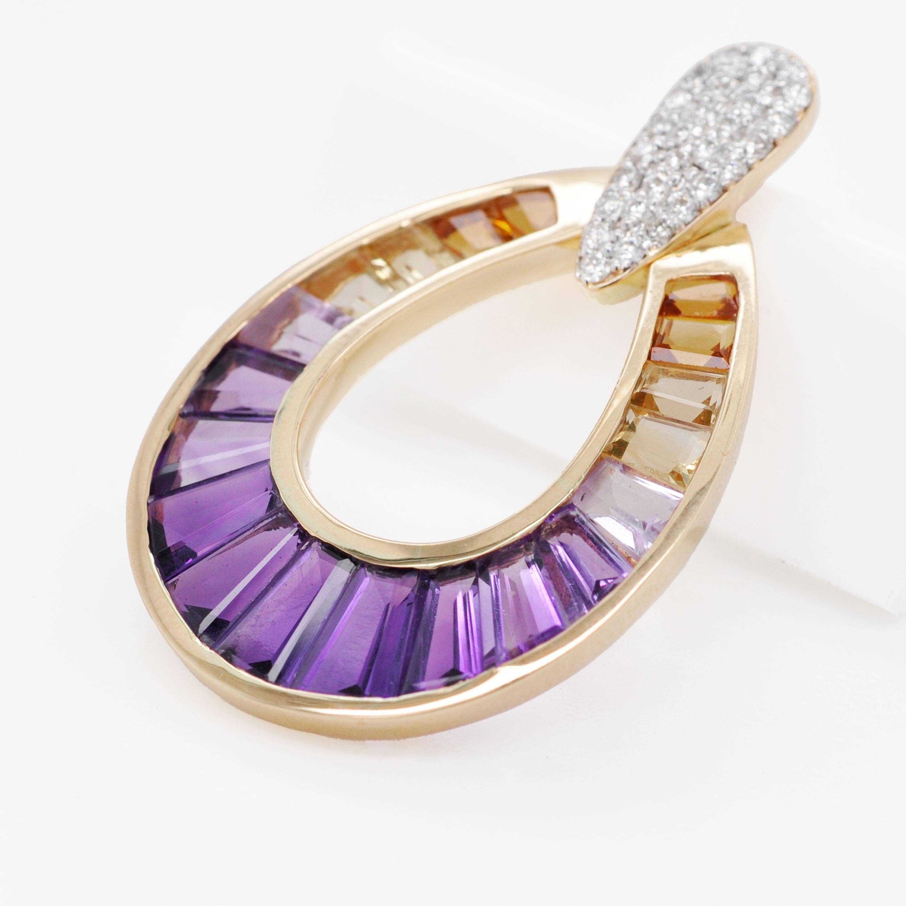 Ciondolo a goccia in oro 14K con incastonatura a canale e diamante ametrino a forma di baguette. in vendita 5
