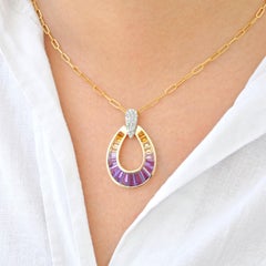 14K Gold Hand-Crafted Channel Set Taper Baguette Ametrine Diamond Drop Pendant