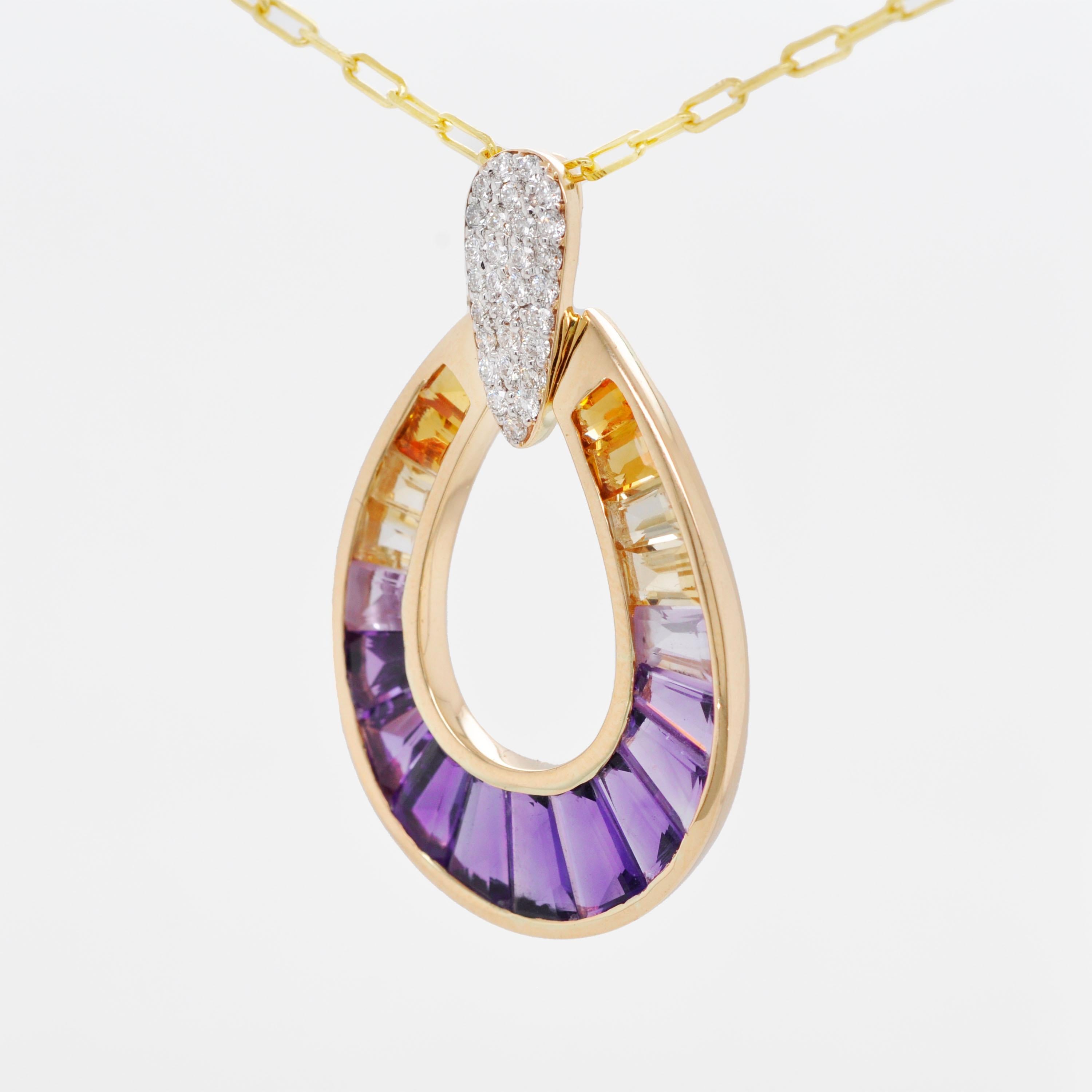 da uomo o donna Ciondolo a goccia in oro 14K con incastonatura a canale e diamante ametrino a forma di baguette. in vendita