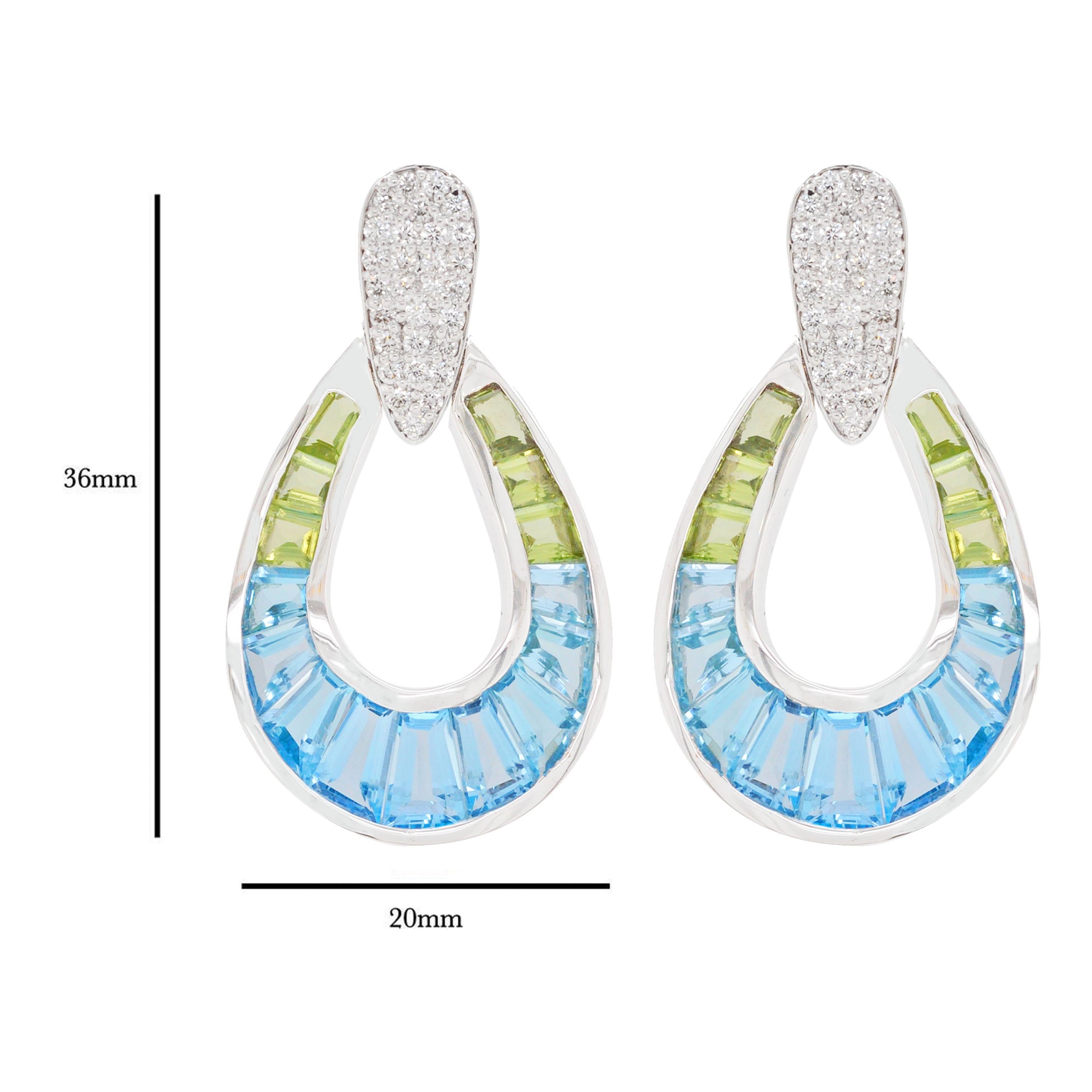 14K Gold Hand-Crafted Taper Baguette Blue Topaz Peridot Diamond Drop Earrings (Baguette-Treppenschliff) im Angebot