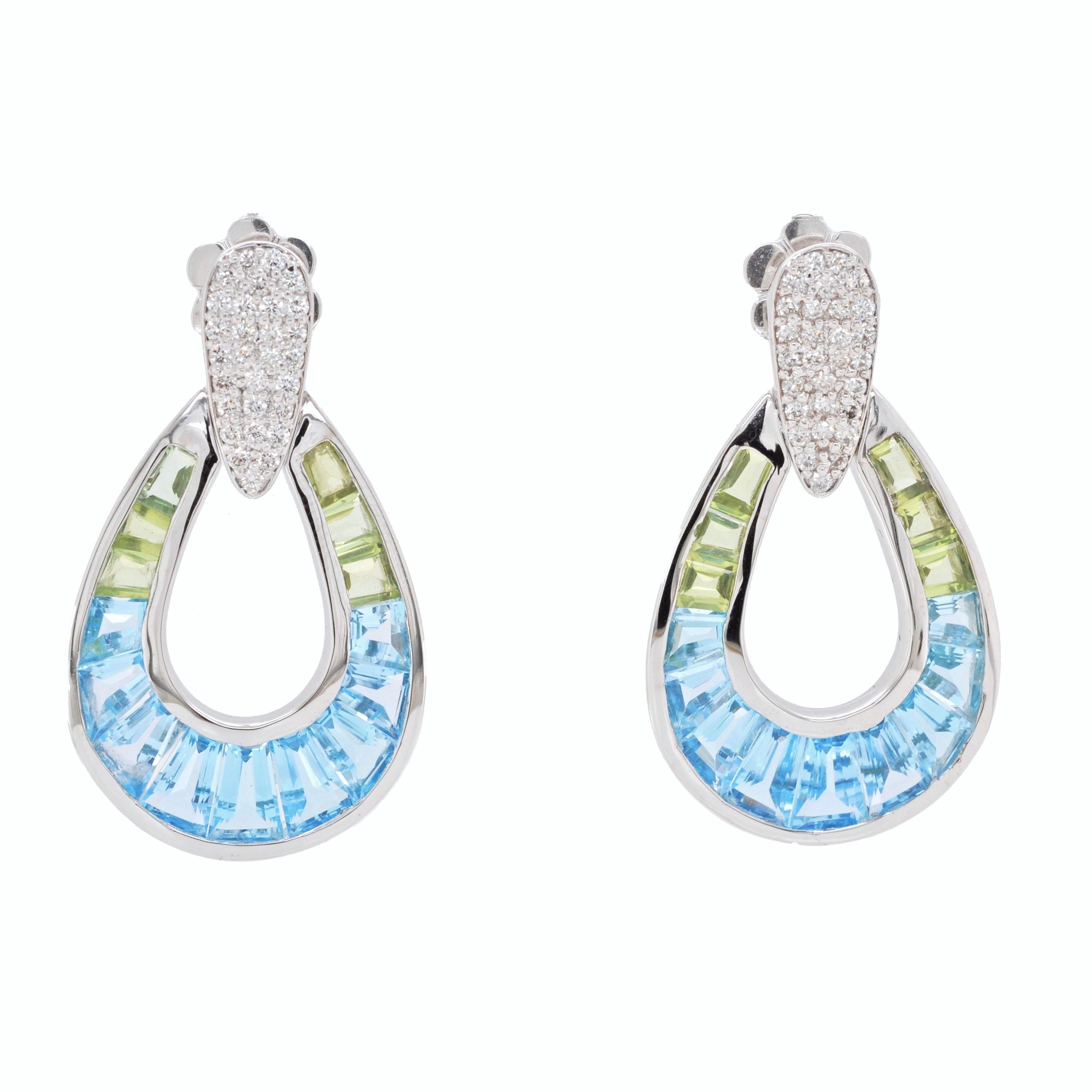 14K Gold Hand-Crafted Taper Baguette Blue Topaz Peridot Diamond Drop Earrings Damen im Angebot