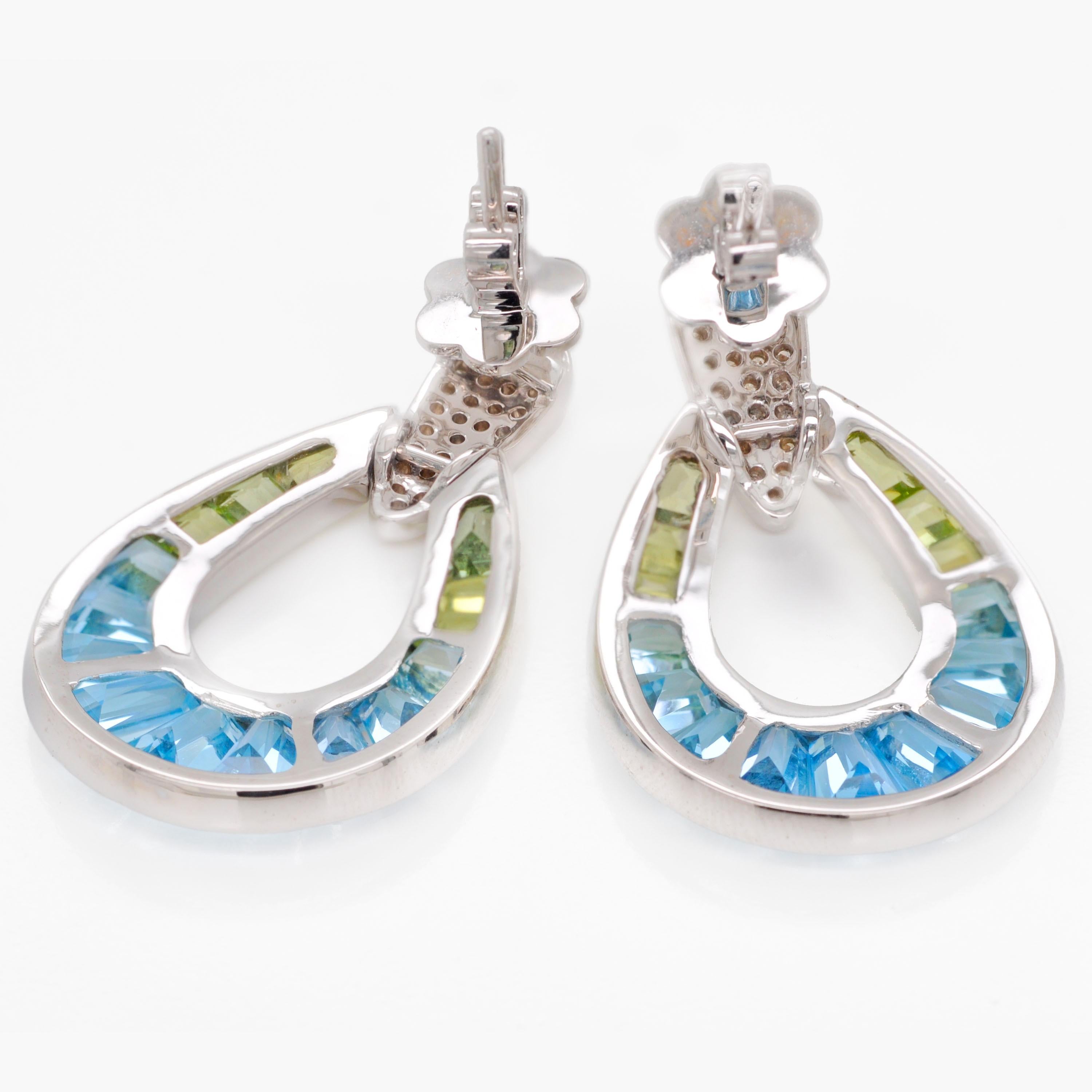 14K Gold Hand-Crafted Taper Baguette Blue Topaz Peridot Diamond Drop Earrings im Angebot 1