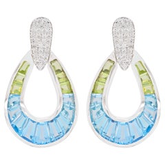 14K Gold Hand-Crafted Taper Baguette Blue Topaz Peridot Diamond Drop Earrings