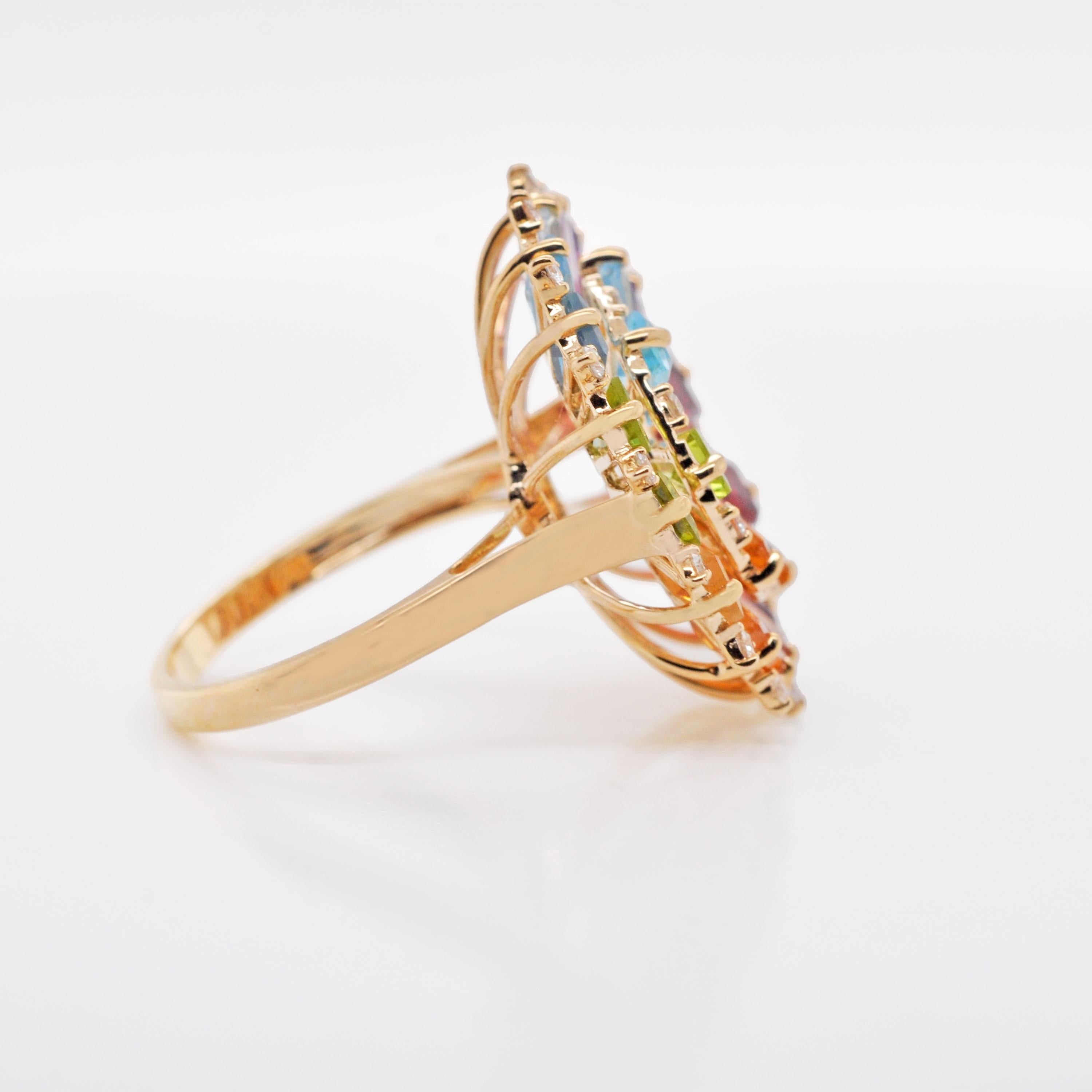 En vente :  Bague artisanale en or 14 carats, diamants et baguettes naturelles arc-en-ciel 11