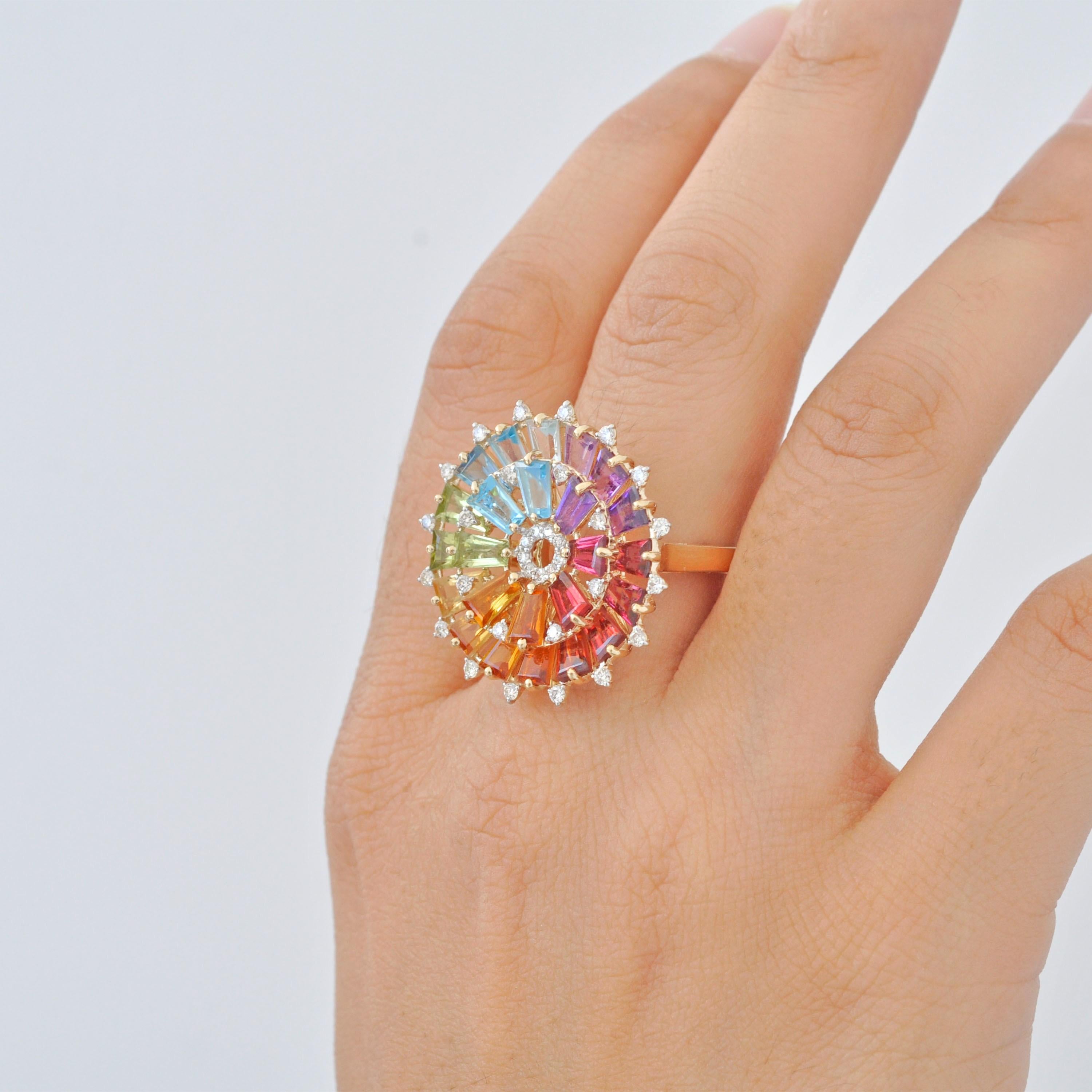 En vente :  Bague artisanale en or 14 carats, diamants et baguettes naturelles arc-en-ciel 3