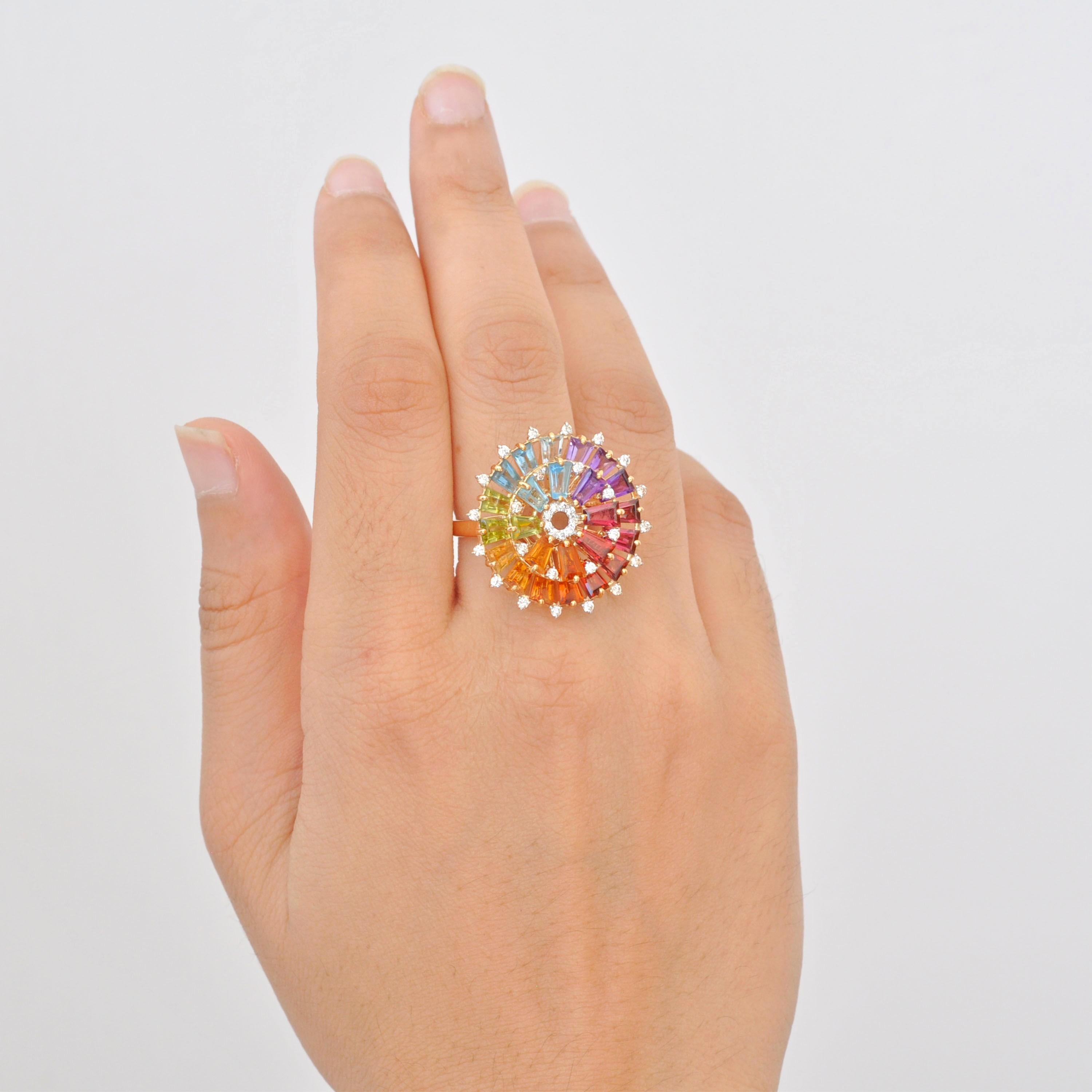 En vente :  Bague artisanale en or 14 carats, diamants et baguettes naturelles arc-en-ciel 4