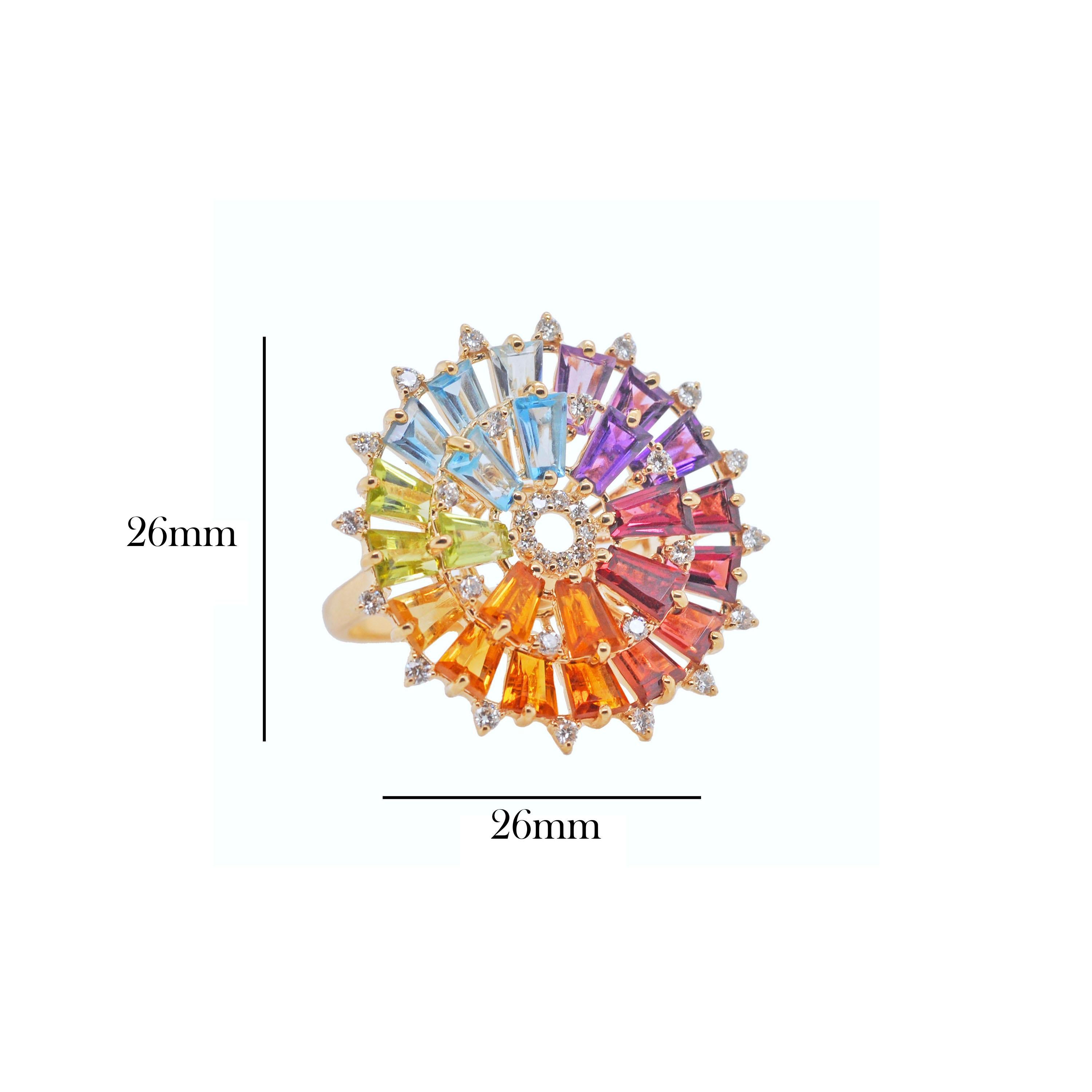En vente :  Bague artisanale en or 14 carats, diamants et baguettes naturelles arc-en-ciel 5