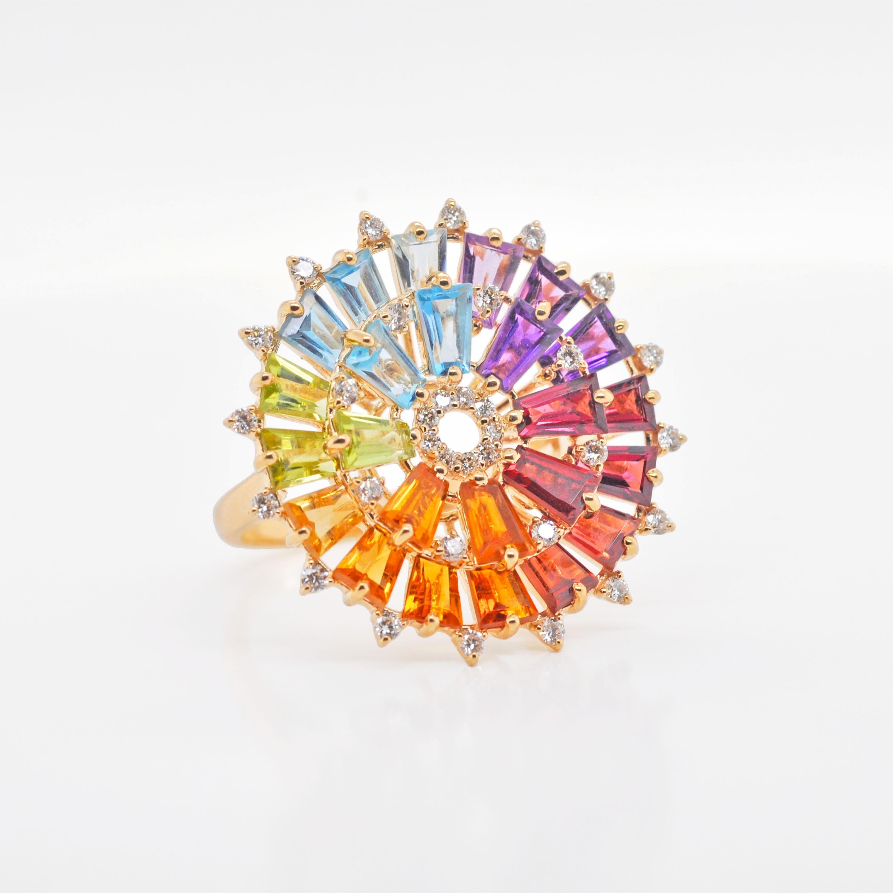 En vente :  Bague artisanale en or 14 carats, diamants et baguettes naturelles arc-en-ciel 6