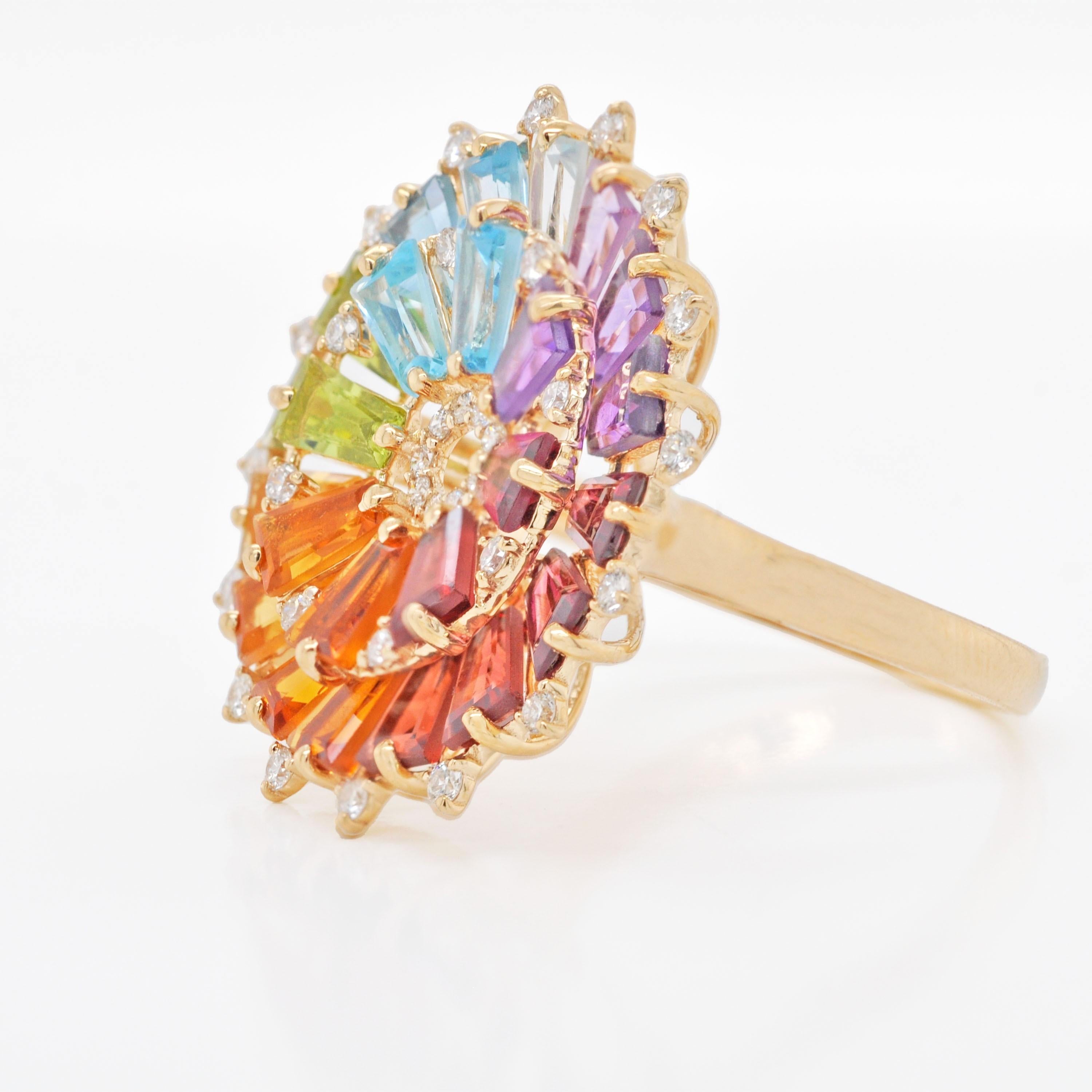 En vente :  Bague artisanale en or 14 carats, diamants et baguettes naturelles arc-en-ciel 7