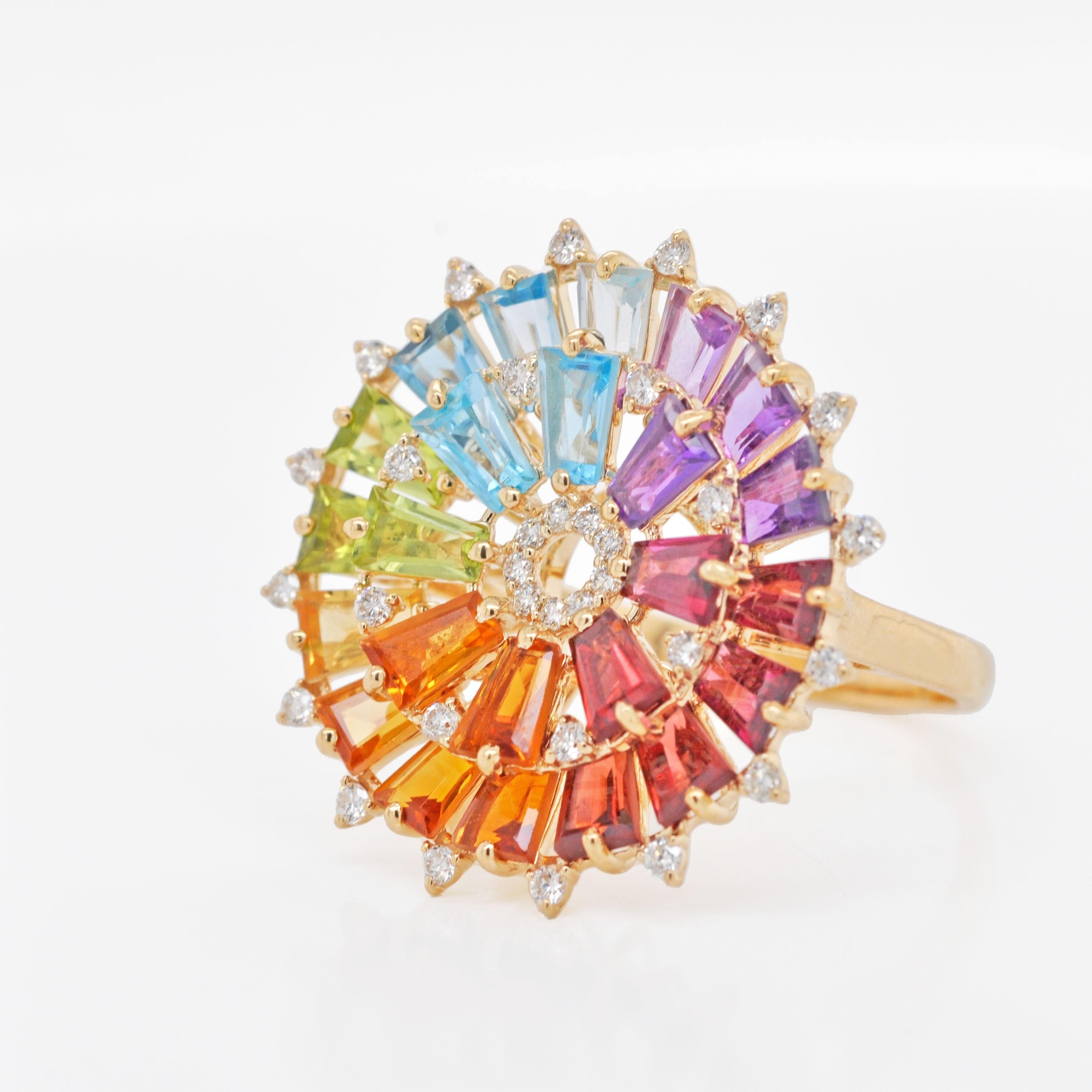 En vente :  Bague artisanale en or 14 carats, diamants et baguettes naturelles arc-en-ciel 8