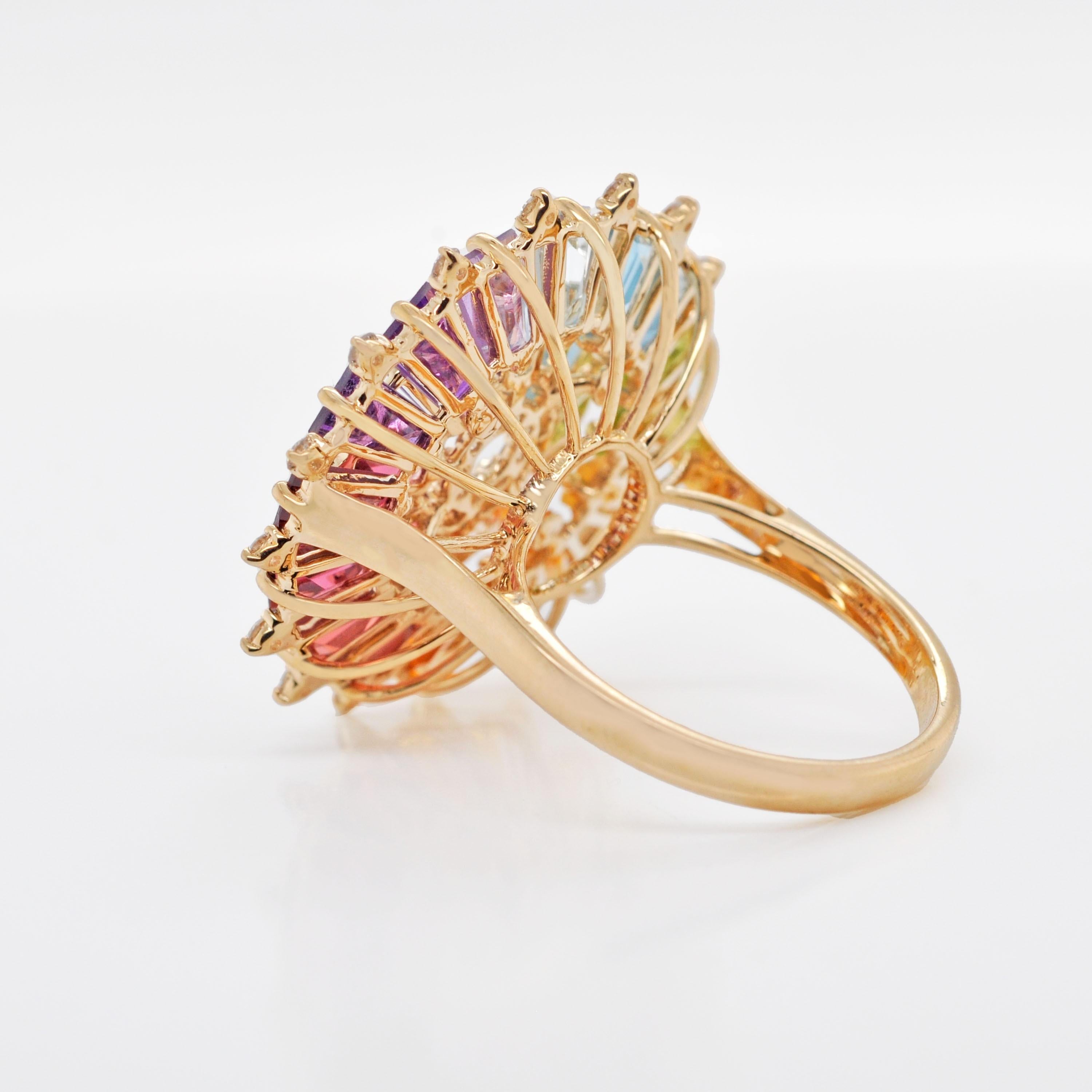 En vente :  Bague artisanale en or 14 carats, diamants et baguettes naturelles arc-en-ciel 9