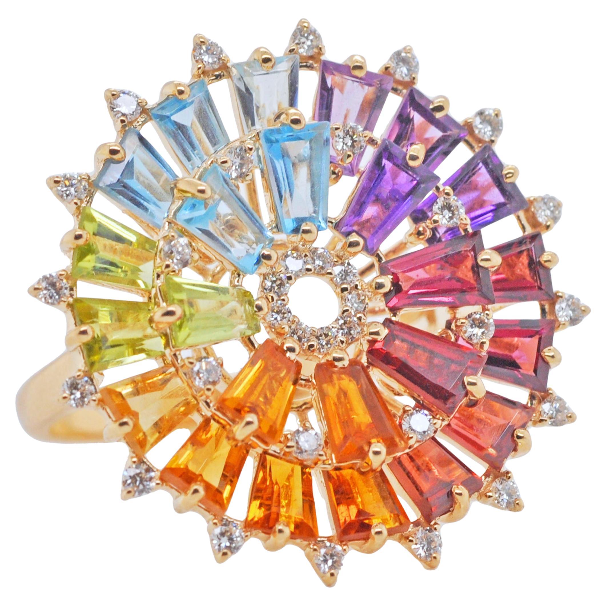 14K Gold Hand-Crafted Tapered Baguette Natural Rainbow Gemstones Diamonds Ring