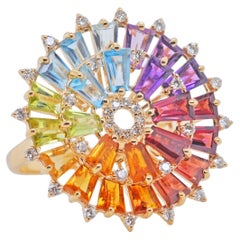 14K Gold Handgefertigter, spitz zulaufender Baguette-Ring mit natürlichen Regenbogen-Edelsteinen und Diamanten