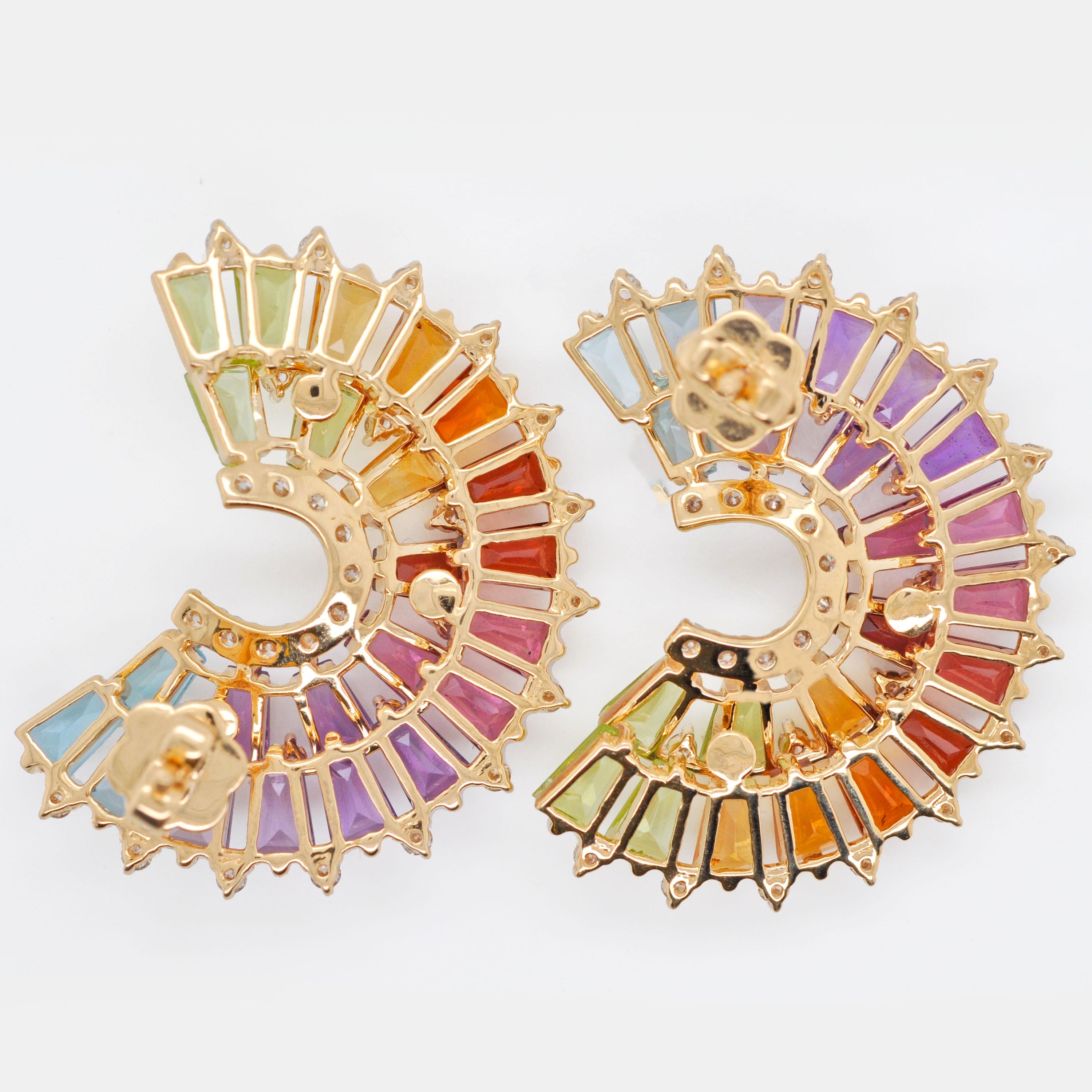 14K Gold Hand-Crafted Tapered Baguette Rainbow Gemstones Diamonds Stud Earrings in vendita 4