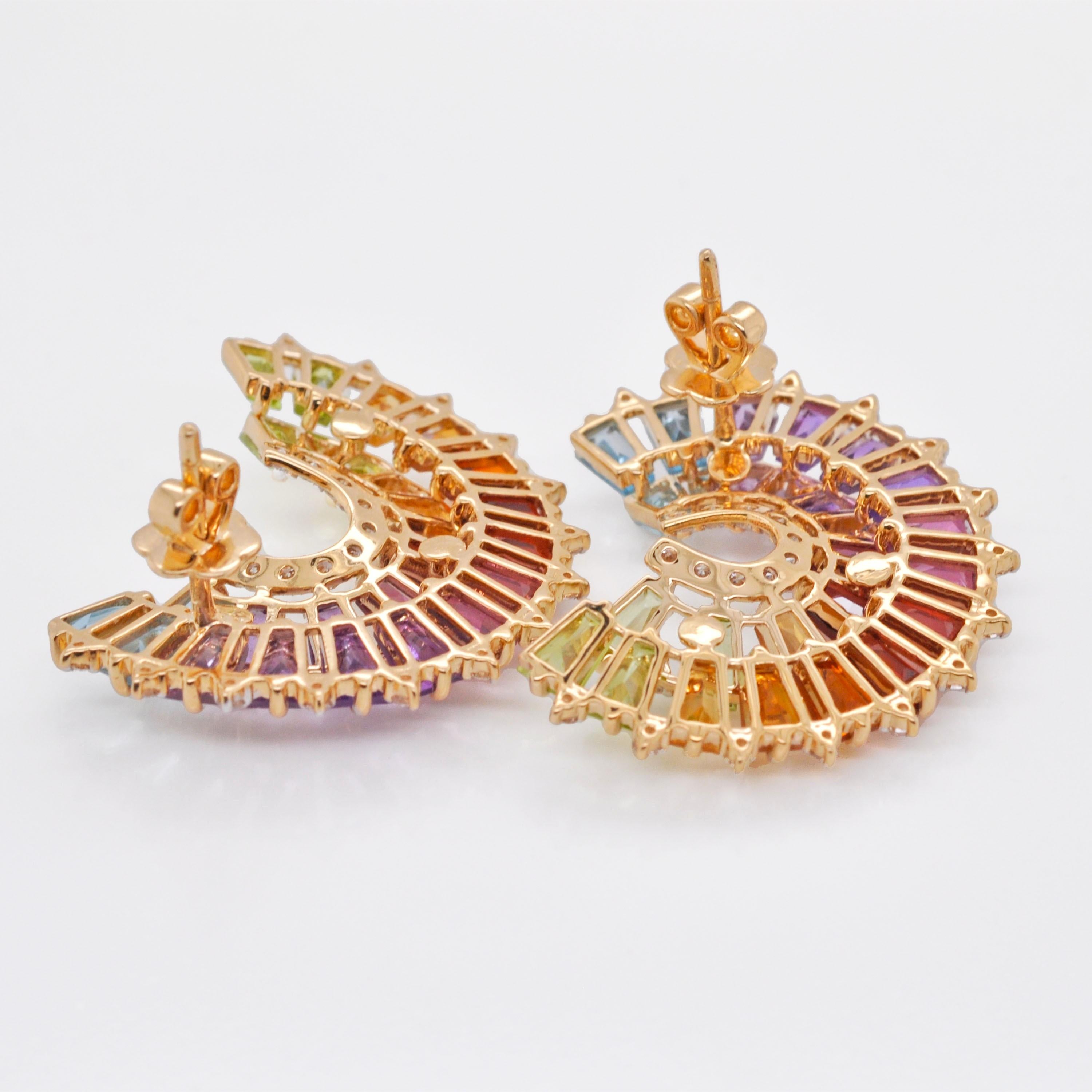 14K Gold Hand-Crafted Tapered Baguette Rainbow Gemstones Diamonds Stud Earrings in vendita 5